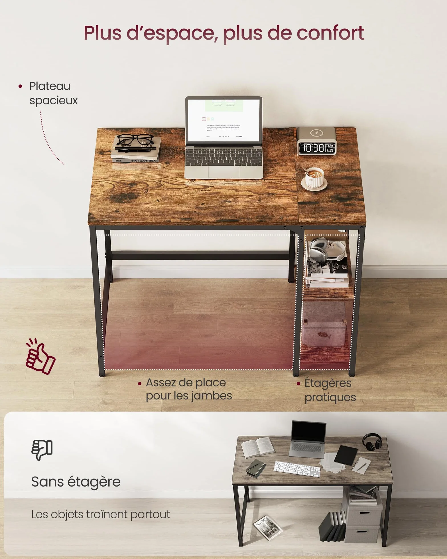 VASAGLE Bureau avec Rangement, Table d’Ordinateur avec 2 Étagères Réversibles, Cadre en Acier, Marron Rustique et Noir d'encre