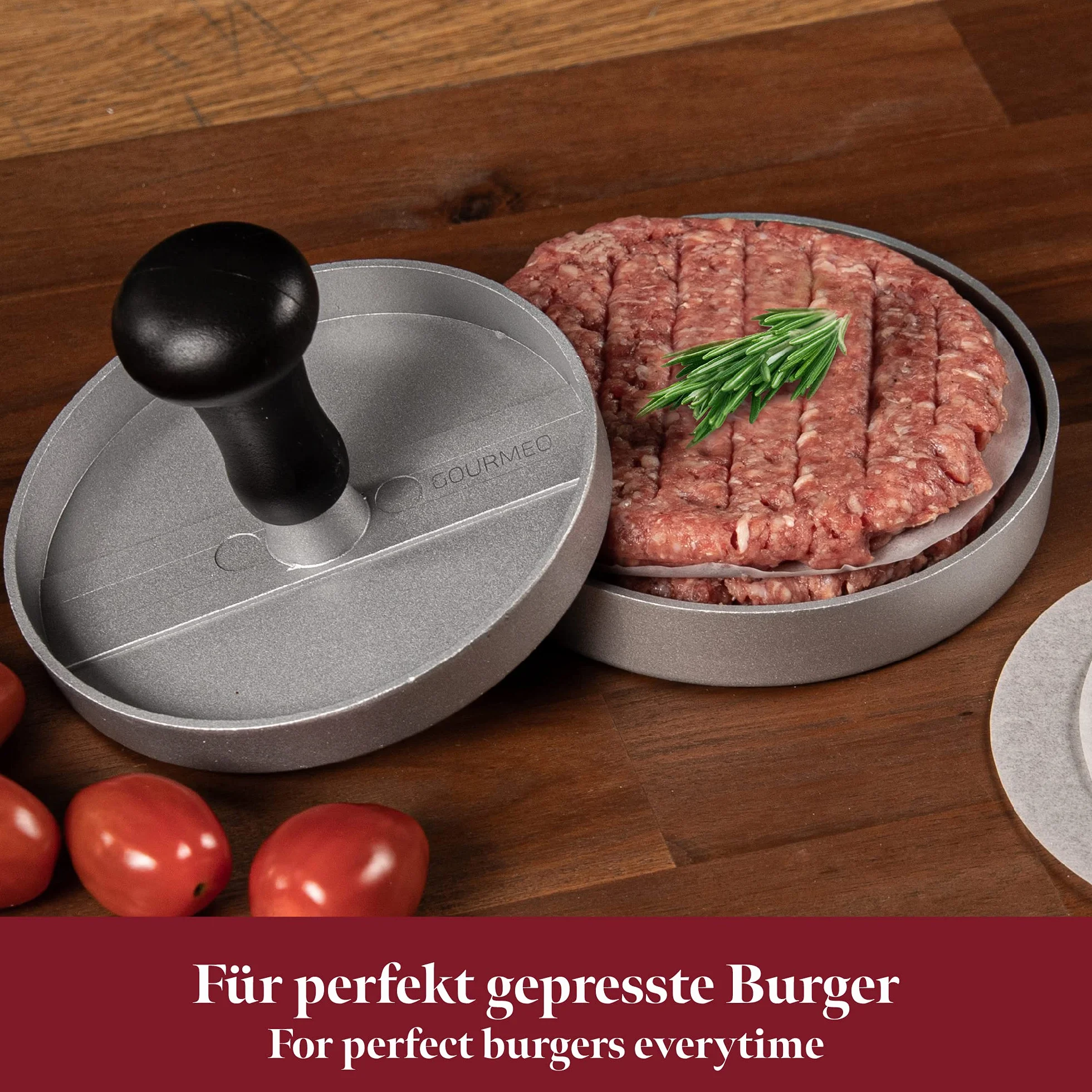 Presse à burger premium en fonte d'aluminium avec revêtement antiadhésif + 30 feuilles - Garantie 2 ans