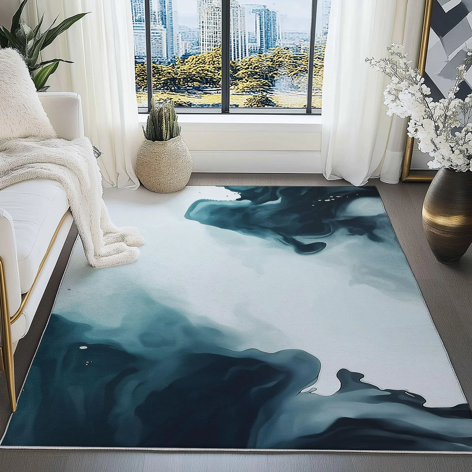 Grand Tapis Motif Aquarelle Abstraite Antidérapant Shaggy 80 x 150 cm Gris Bleu