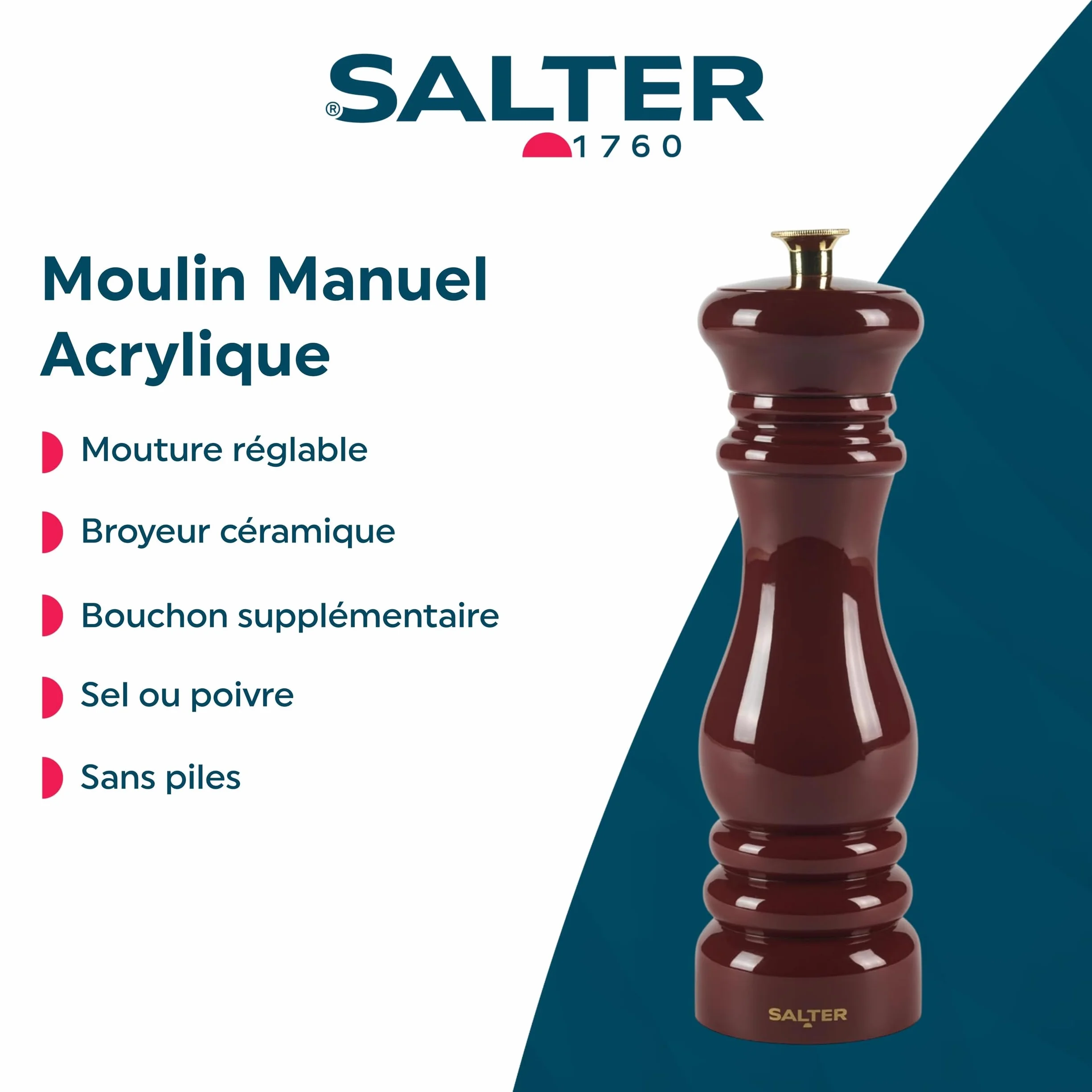 Salter Chester Moulin à Épices Sel & Poivre, Broyeur Céramique Réglable, Acrylique Rouge