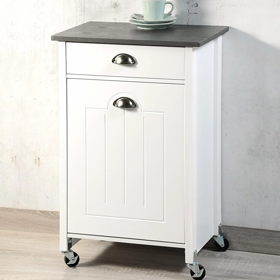 KESPER Chariot de Cuisine avec Système de Tri des Déchets, Laqué Blanc, Plaque de Recouvrement Gris