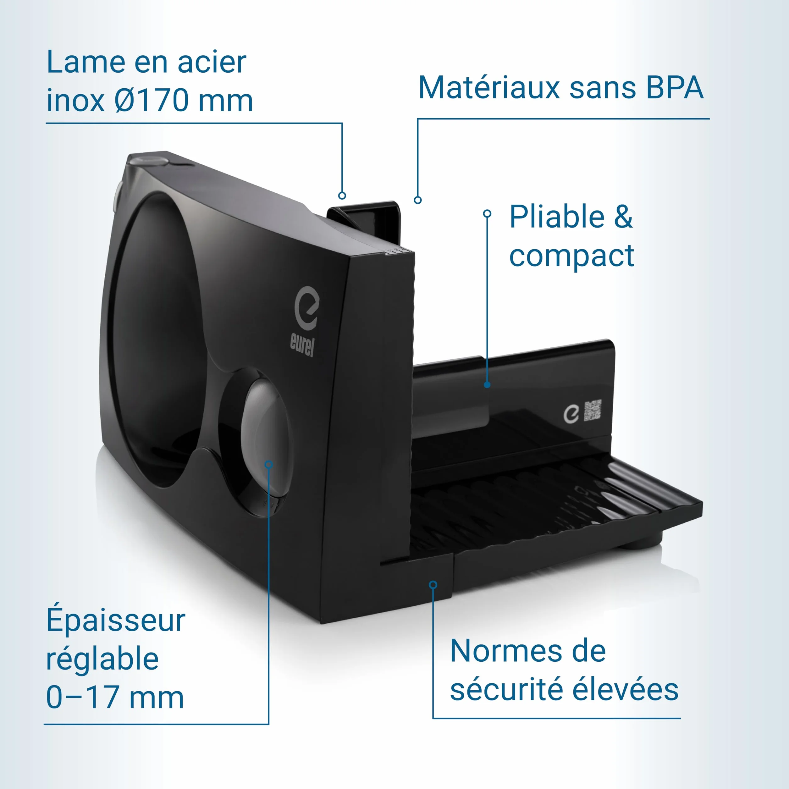 EUREL RS42 Trancheuse Électrique Noire Lame Inox Ø170 mm Épaisseur Réglable 0-17 mm Moteur CC EcoDrive 80 W