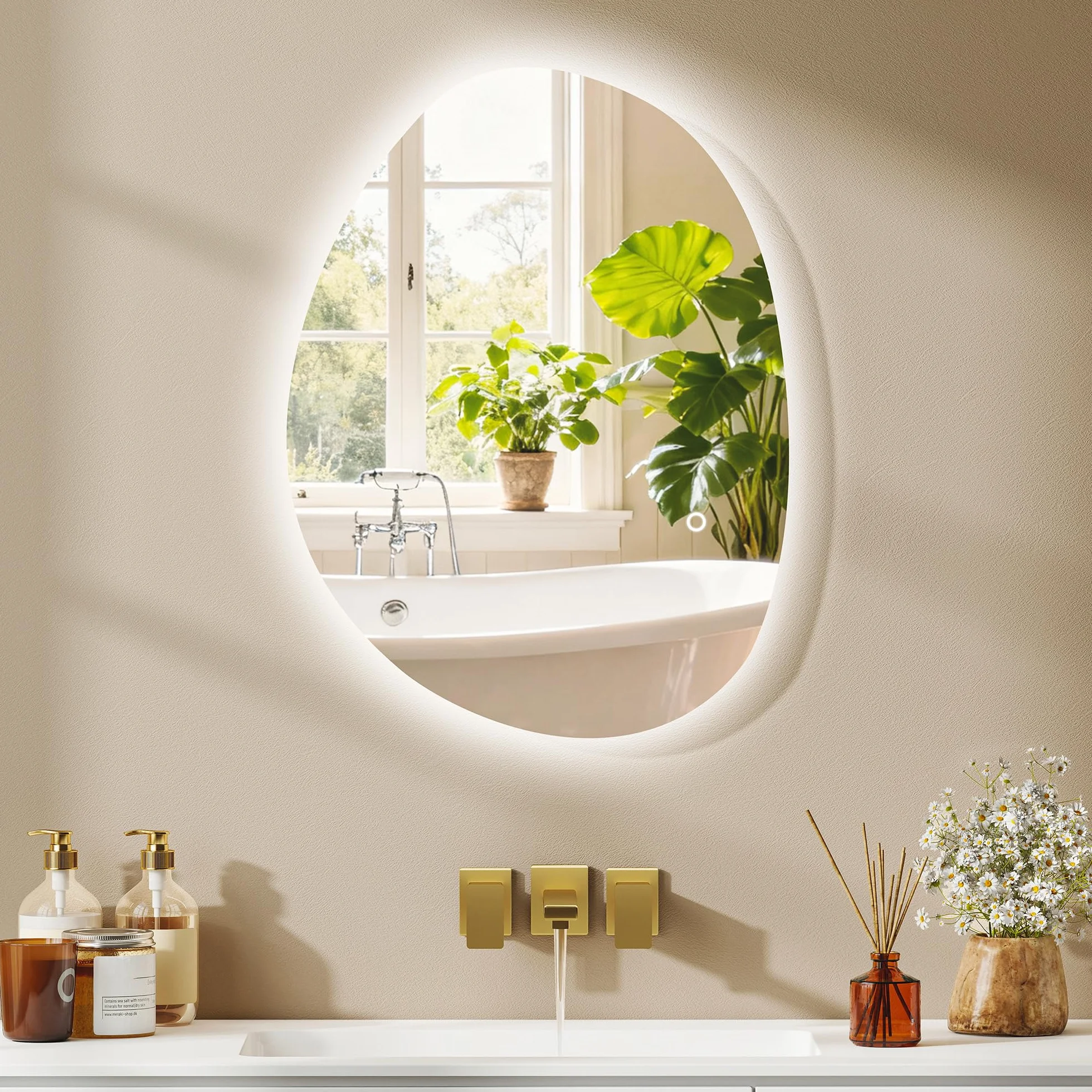HOMCOM Miroir Salle de Bain LED 70 x 50 cm Mural Asymétrique Anti-buée 3 Couleurs Dimmable IP44 Argenté