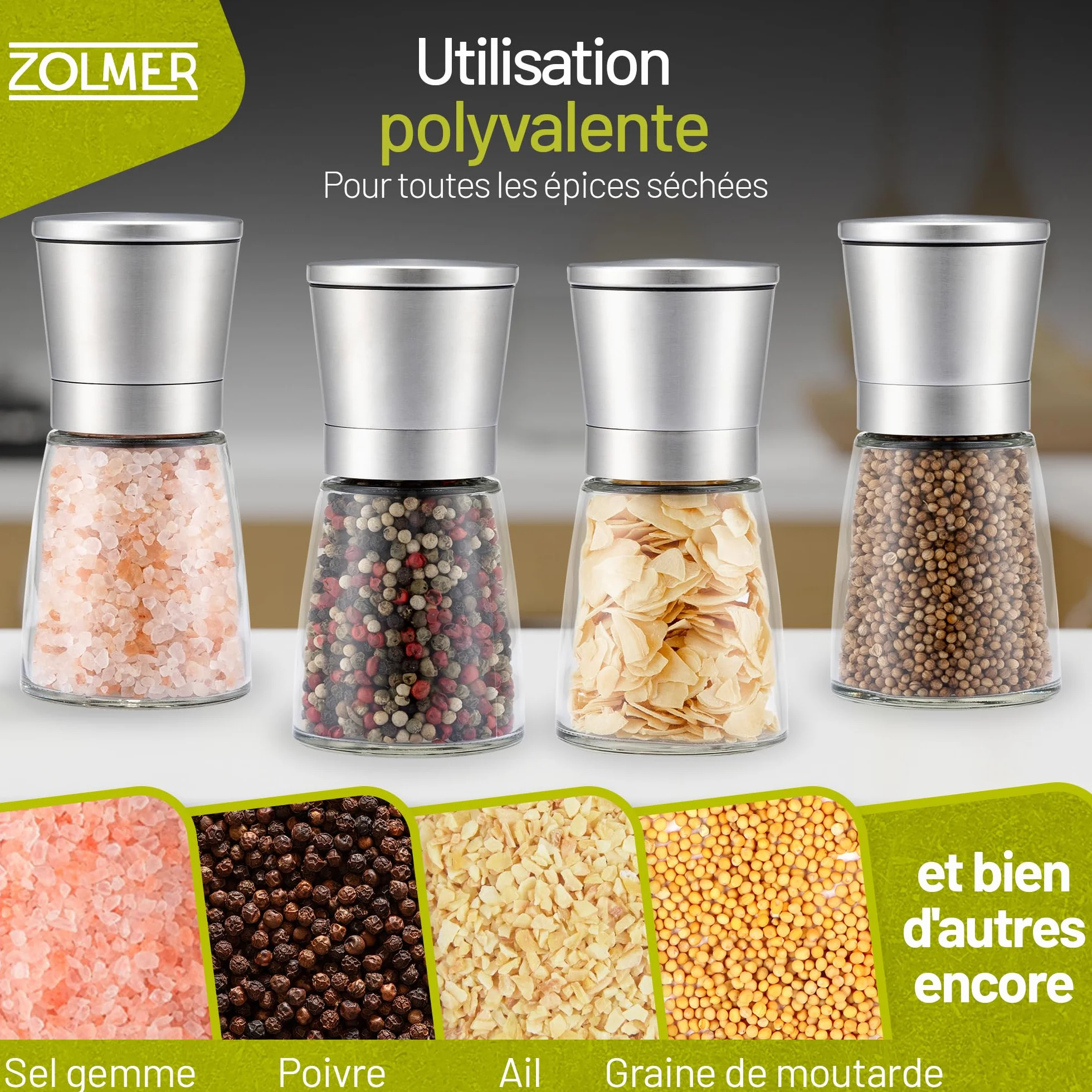 Moulins à épices lot de 2 avec broyeur en céramique réglable – Moulin à sel et poivre en acier inoxydable