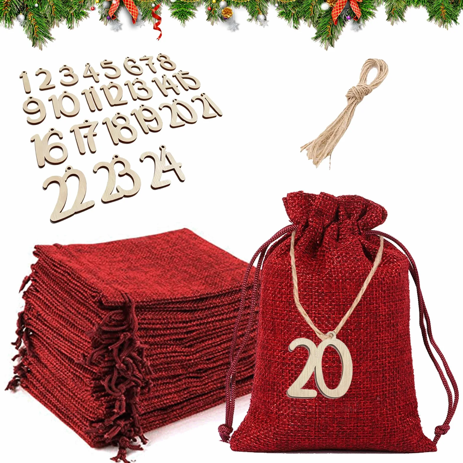Calendrier de Noël à Remplir 24 Pièces Sacs pour Calendrier de l'Avent Vide DIY Cadeaux Pochon Tissu