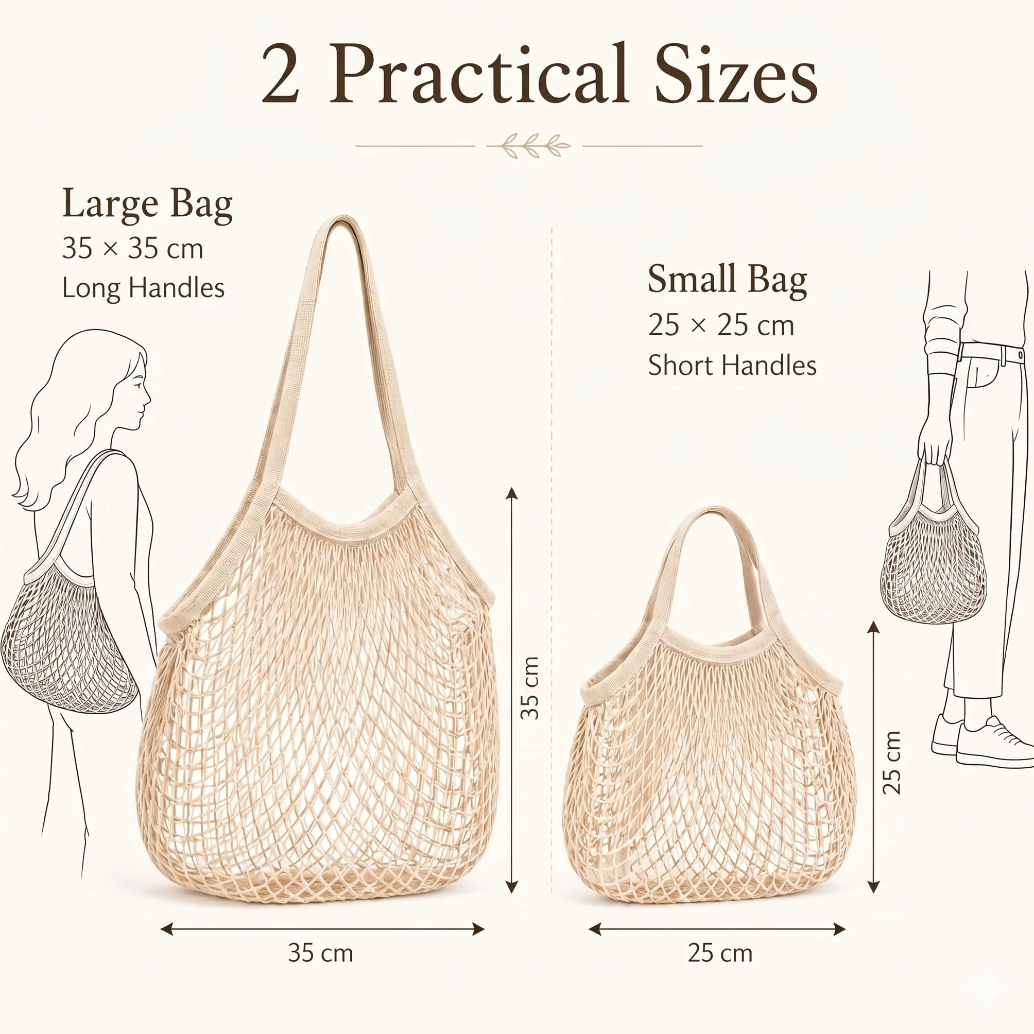 Sacs Filet Réutilisables Lot de 2, Grand Sac Anses Longues et Petit Sac Anses Courtes, Pliable pour Fruits Légumes Pain Plage