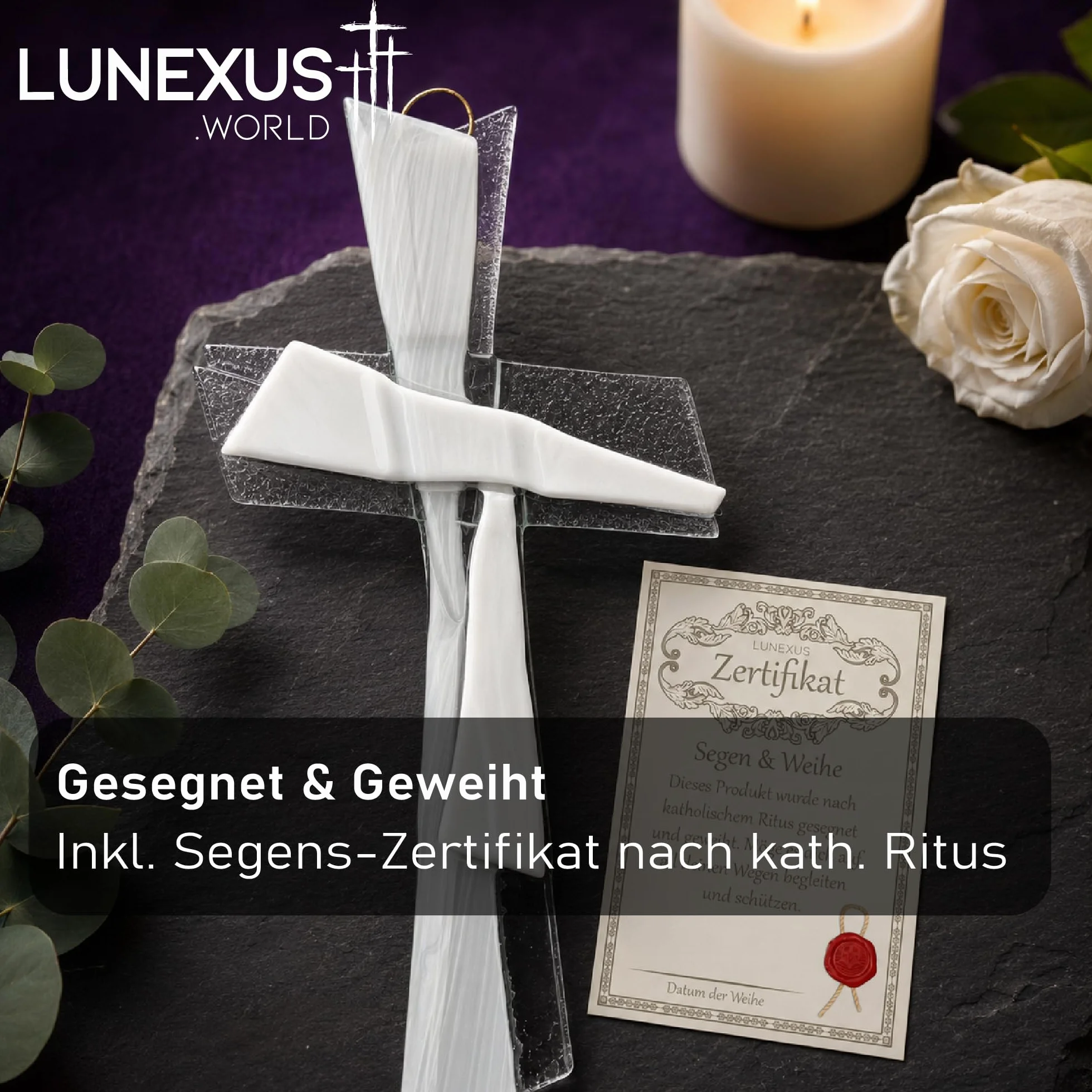 Lunexus Croix en verre blanc transparent 27 x 12 cm Cadeau de baptême communion confirmation Croix murale blanche faite à la main Allemagne certificat bénédiction