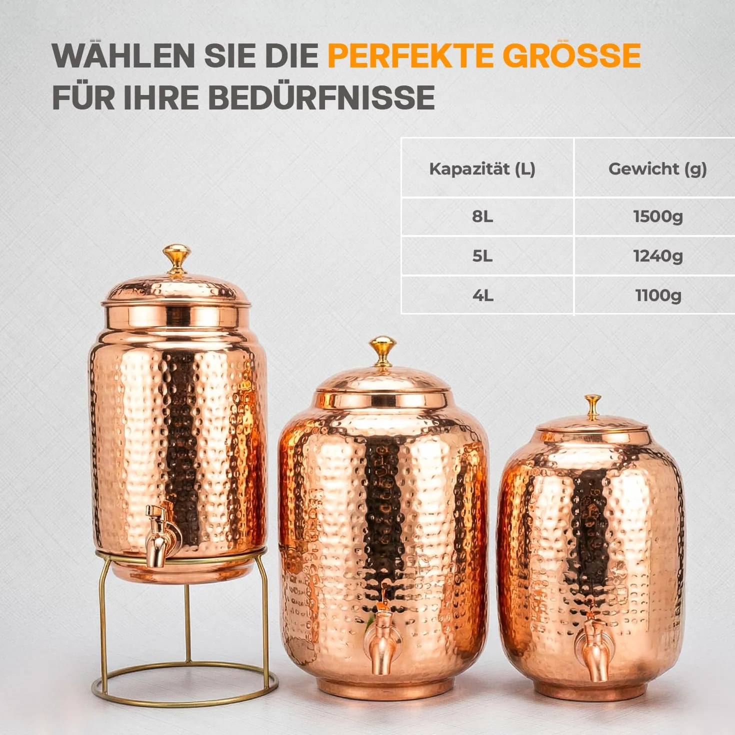 Distributeur d'eau en cuivre 5 l avec 2 tasses et support, réservoir cuivre pur, robinet anti-fuite