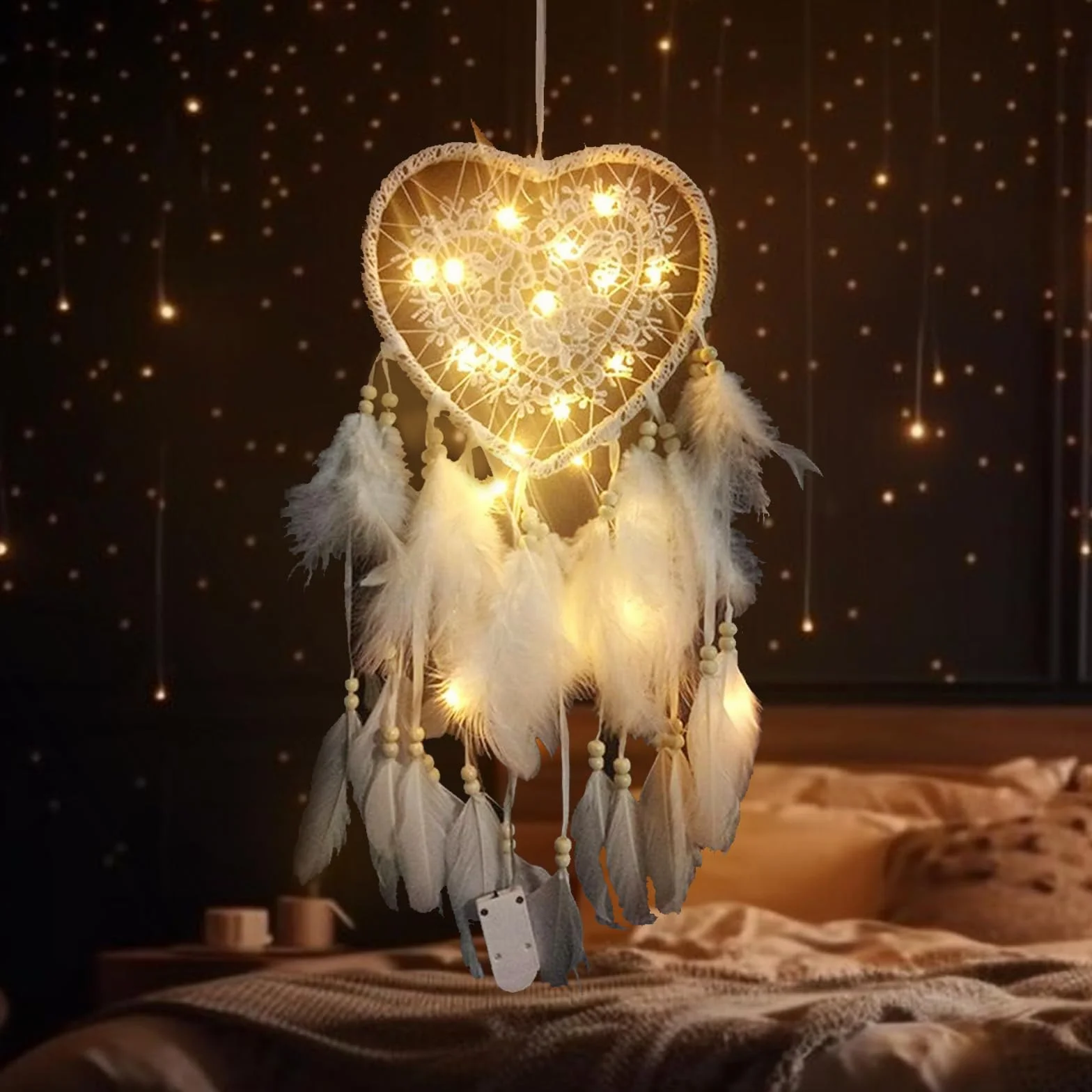 Attrape Rêves Cœur Creusé LED Fait à la Main pour Filles Décoration Chambre Mariage