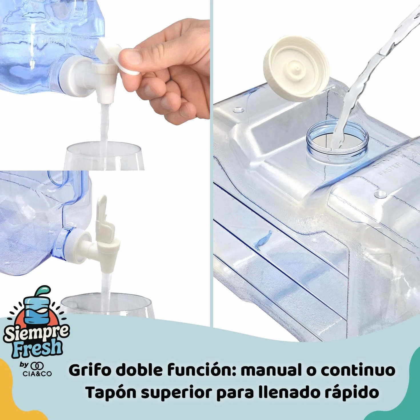Cia&Co Distributeur d'eau froide pour réfrigérateur 4,2 l Bidon compact 39 x 21 x 7,5 cm robinet double fonction réutilisable