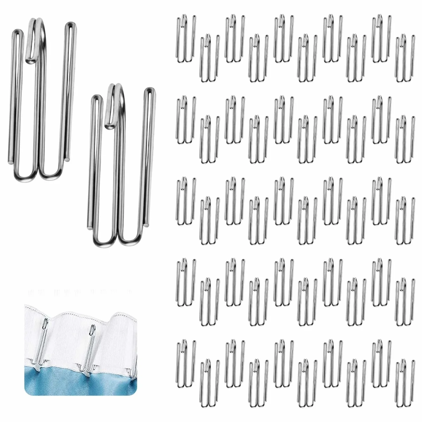 Crochets pour rideaux en acier inoxydable, lot de 50, 4 dents, pour rideaux de douche