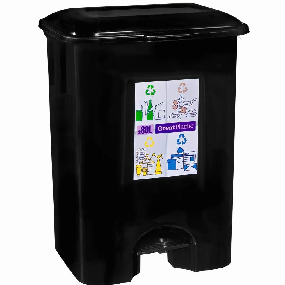 COM-FORT HOUSE Poubelle à Pédale 80 Litres Noir avec Roulettes pour Recyclage et Déchets Organiques