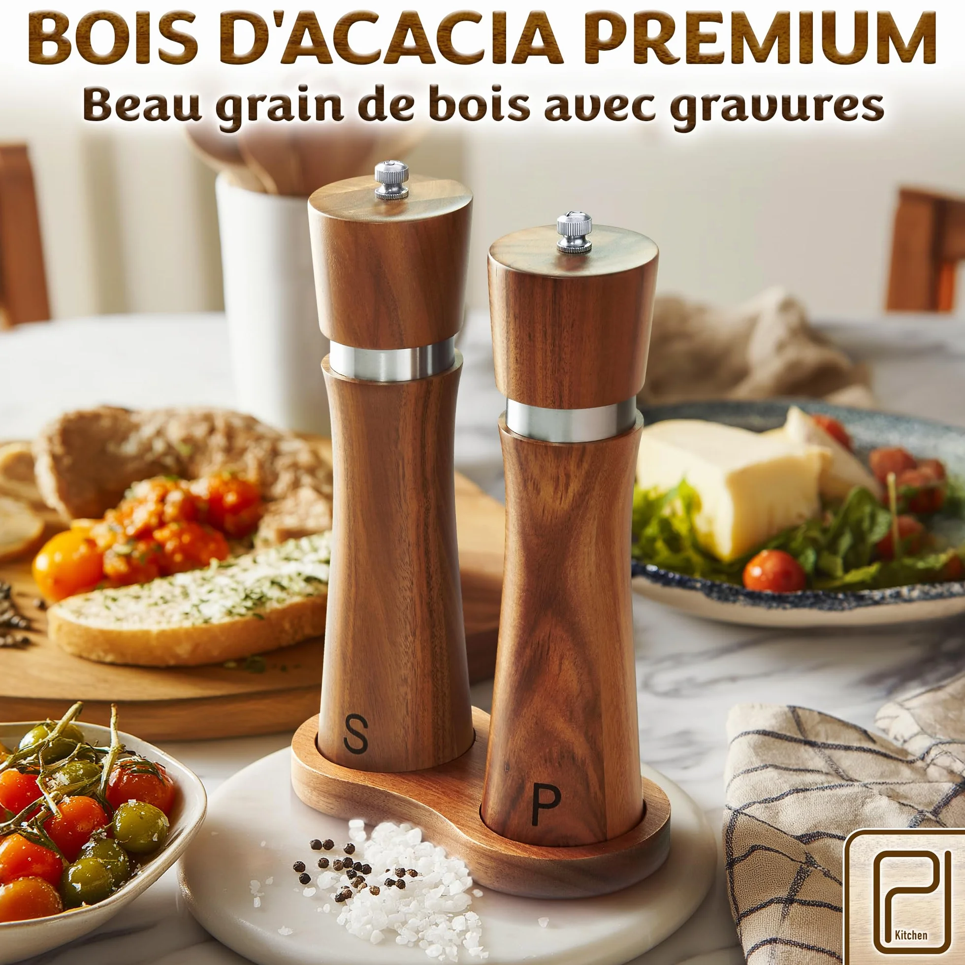 PJC-Kitchen Ensemble de Moulins à Sel et Poivre en Bois d’Acacia avec Plateau - 60 g