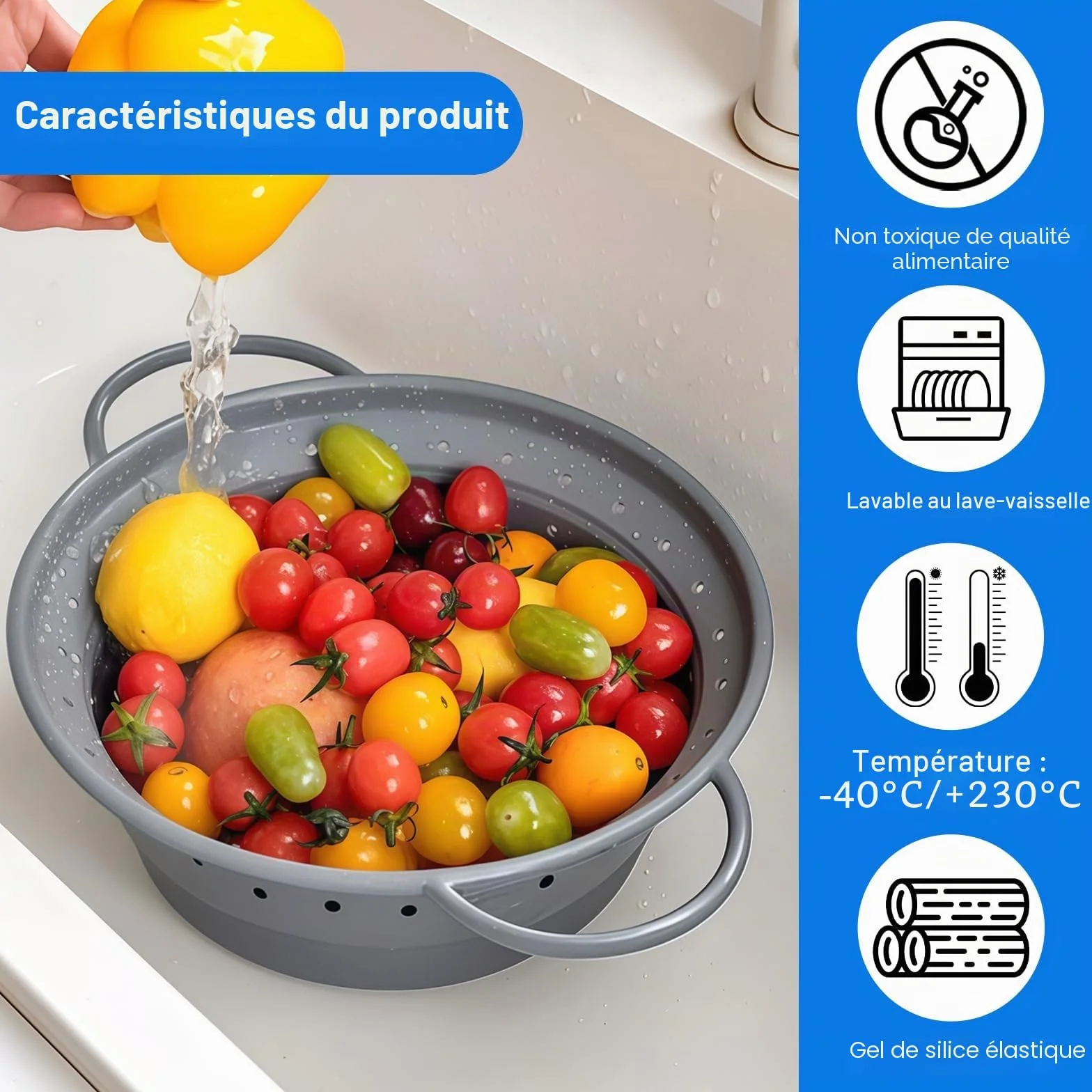 Passoire Pliable en Silicone 28 cm Sans BPA Cuisine Camping Gris
