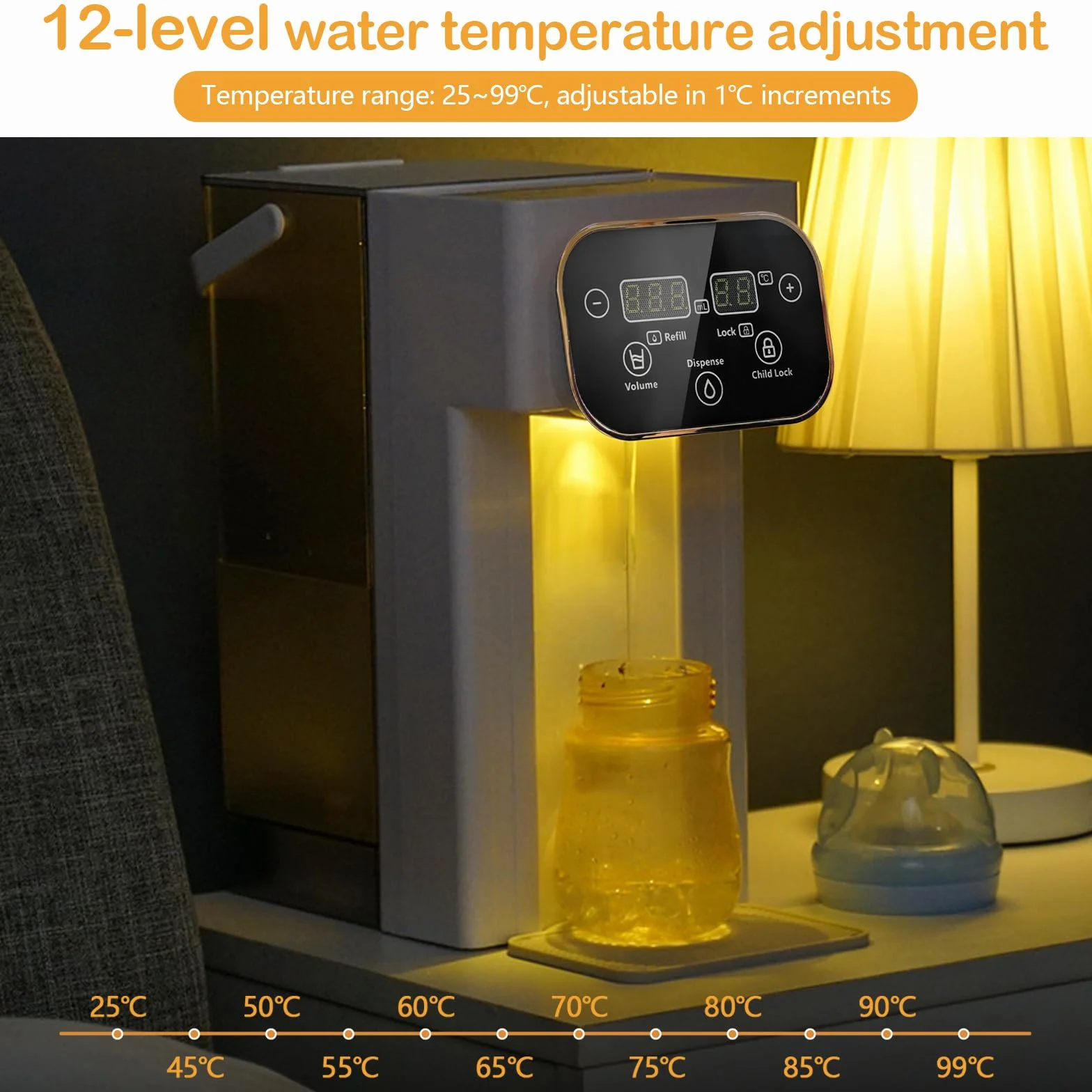 Distributeur d'Eau Chaude 3L Numérique Instantané écran Tactile LED 12 Réglages Température 8 Réglages Volume Filtre Charbon Actif