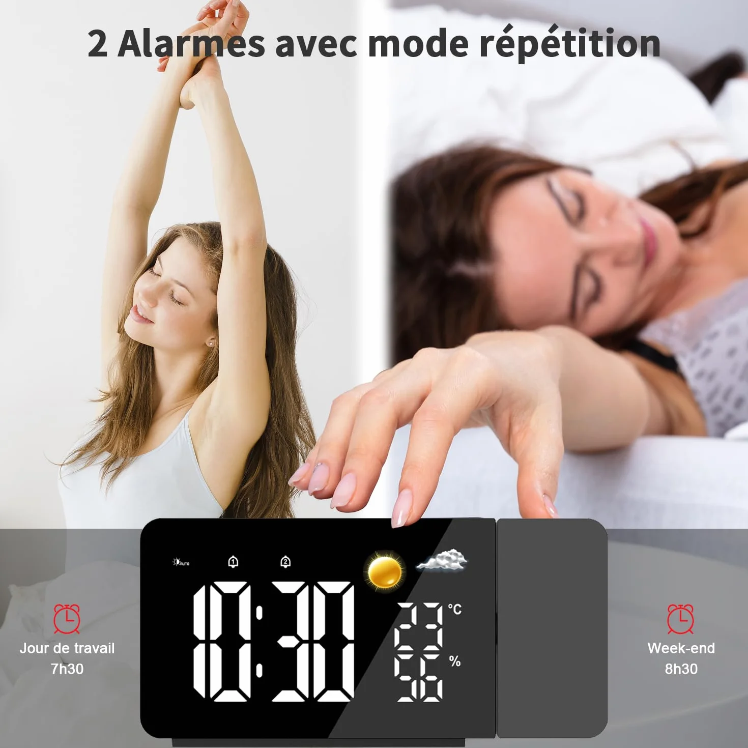 Uzoli EM3211A Réveil-projecteur Plafond LED avec Prévisions Météo 8h, Température et Humidité, 2 Alarmes, Snooze, Projection Rotative 180°, 10 Sonneries