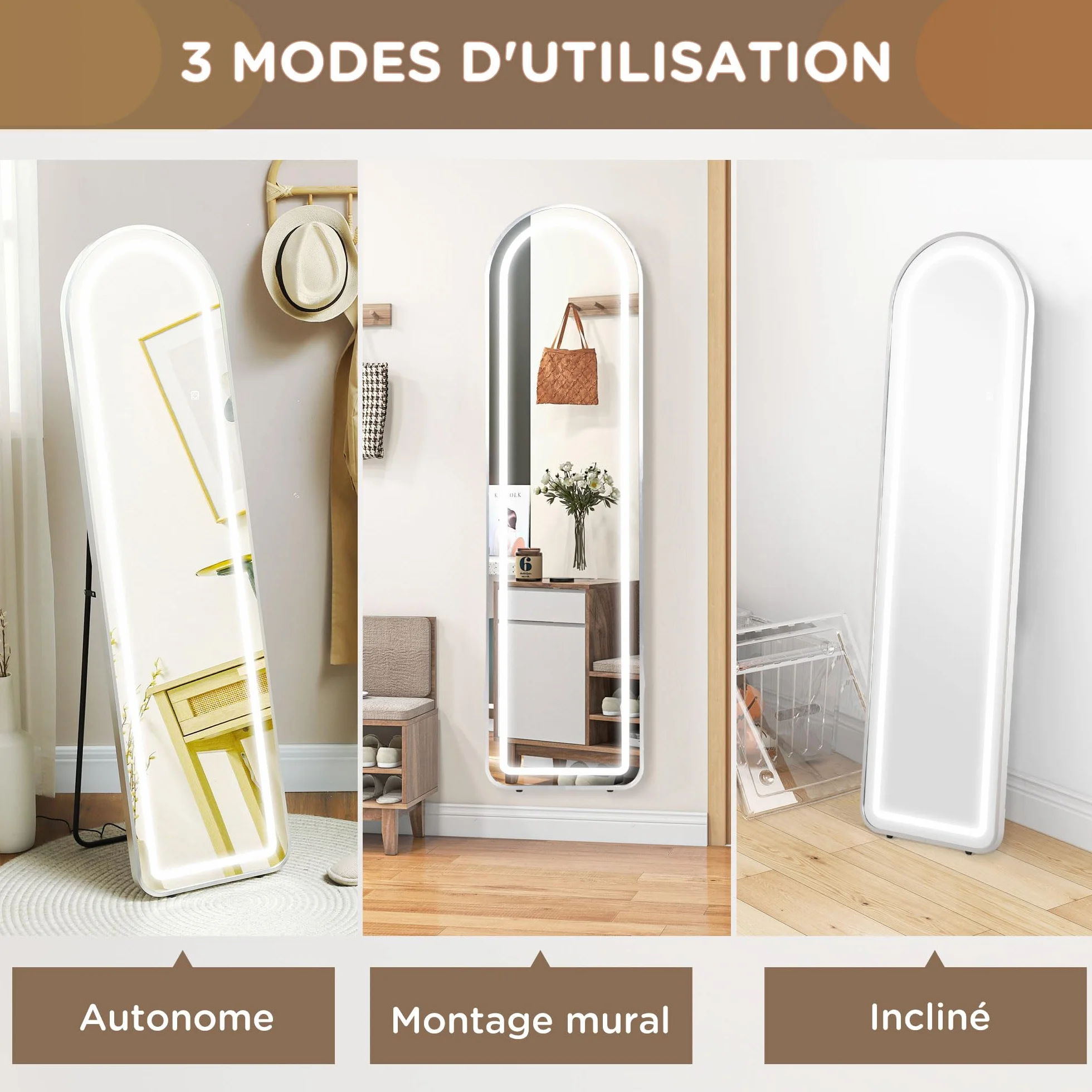 HOMCOM Miroir Pleine Longueur LED 150x40 cm 3 Couleurs Lumière Réglables Interrupteur Tactile Fonction Mémoire Argent