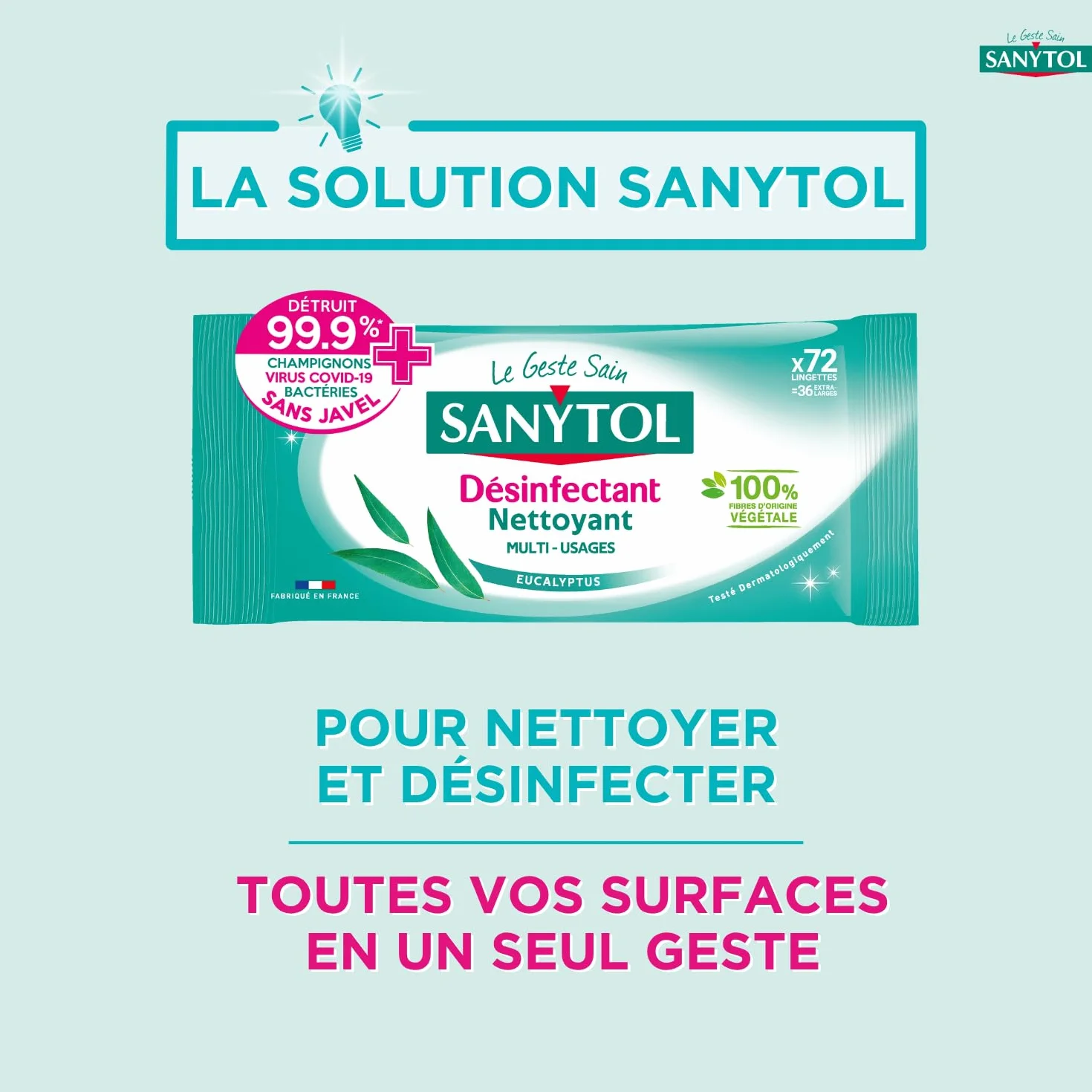 Sanytol Lingettes Désinfectantes Multi-Usages Eucalyptus x72 Bactéricide Virucide Fongicide Sans Javel Fabrication Française