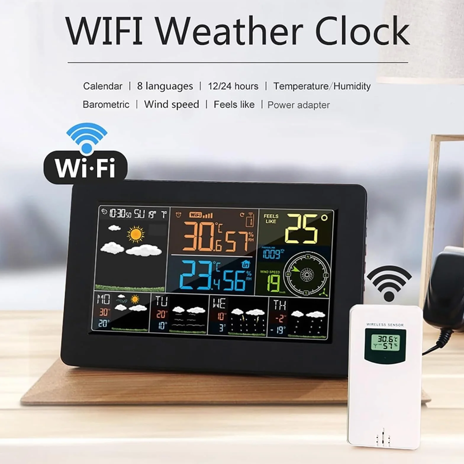 Station Météo WiFi sans Fil, Thermomètre Intérieur Extérieur Numérique avec Affichage Couleur, Horloge et Rétroéclairage Réglable
