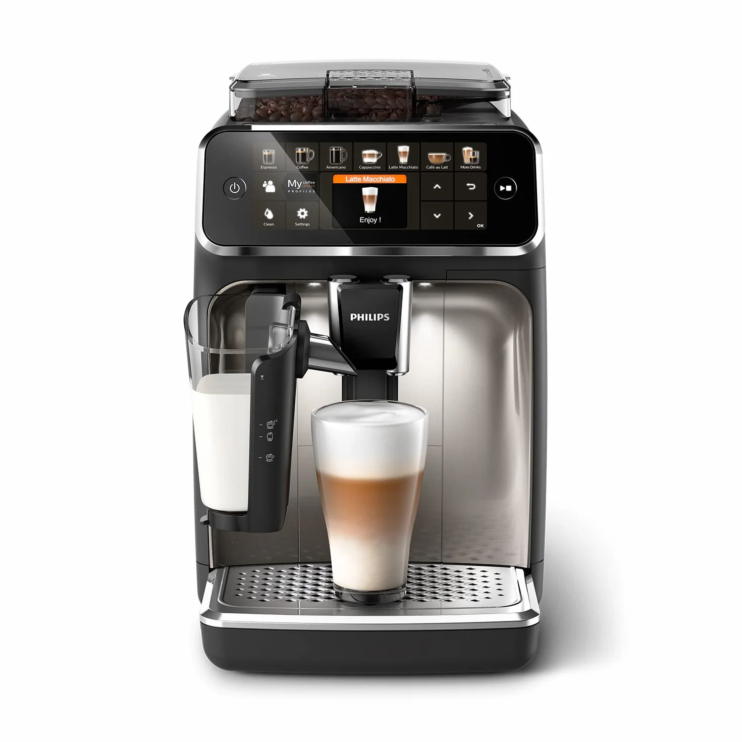 PHILIPS Expresso broyeur Série 5400 EP5447/90 Machine à café grain Noir Chrome 12 spécialités LatteGo