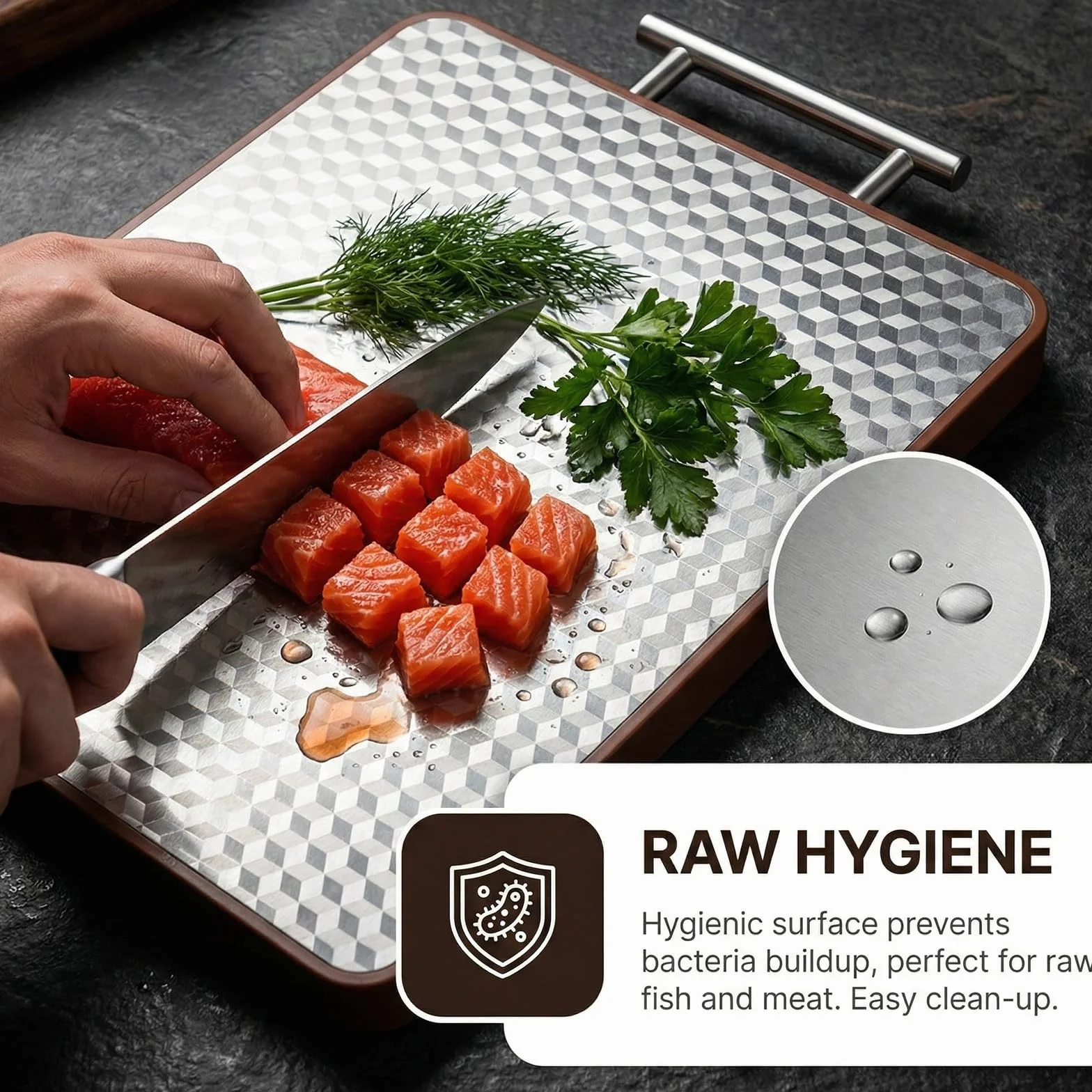 Planche à Découper Double Face Acier Inoxydable Palissandre 2 en 1 pour Viande Fruits Poisson Légumes