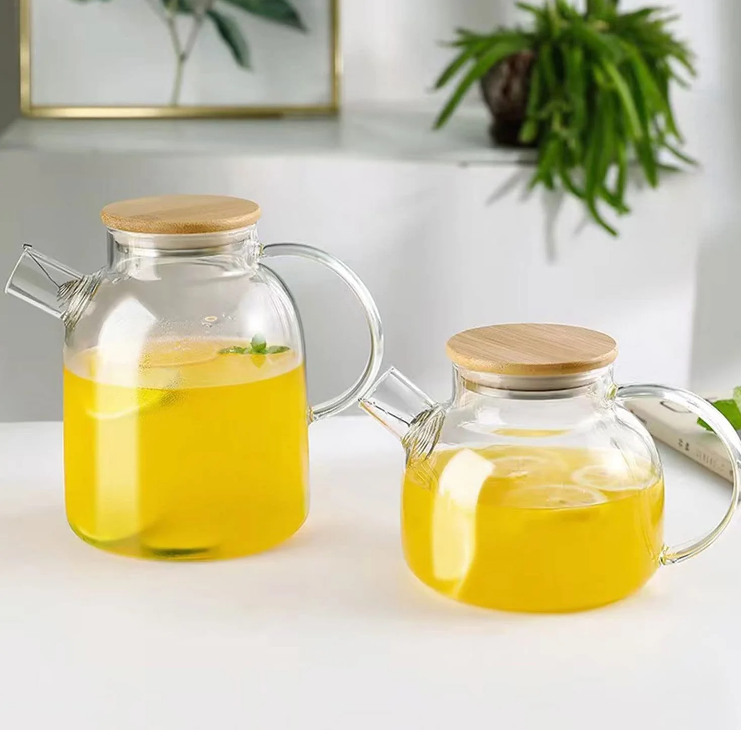 Théière en verre borosilicate 1,6 L avec filtre métal et couvercle bambou