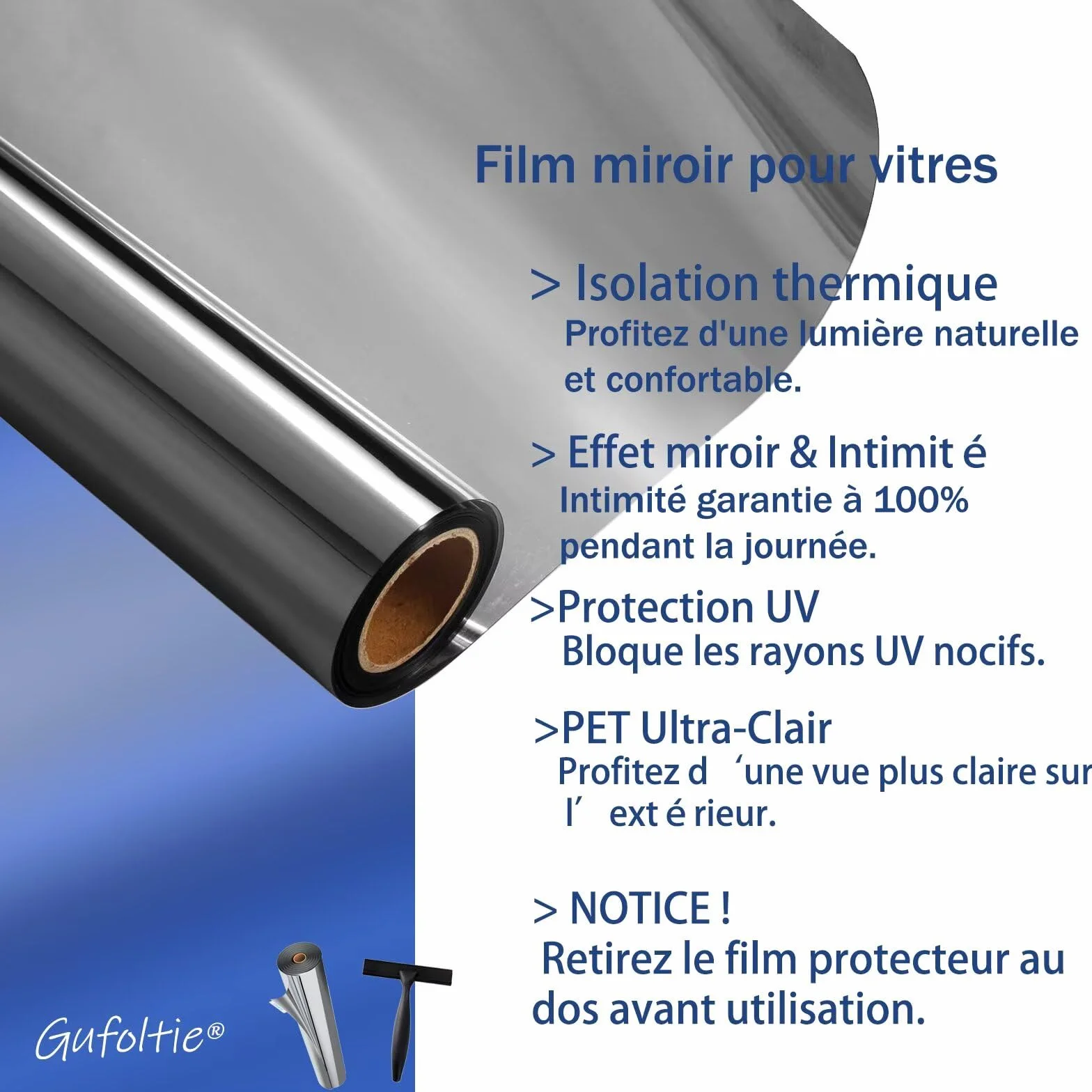 Film Miroir pour Fenetre 44.5x200cm Anti Regard Adhesif Effet Miroir sans Tain Brise Vue Anti Chaleur Anti UV Argenté