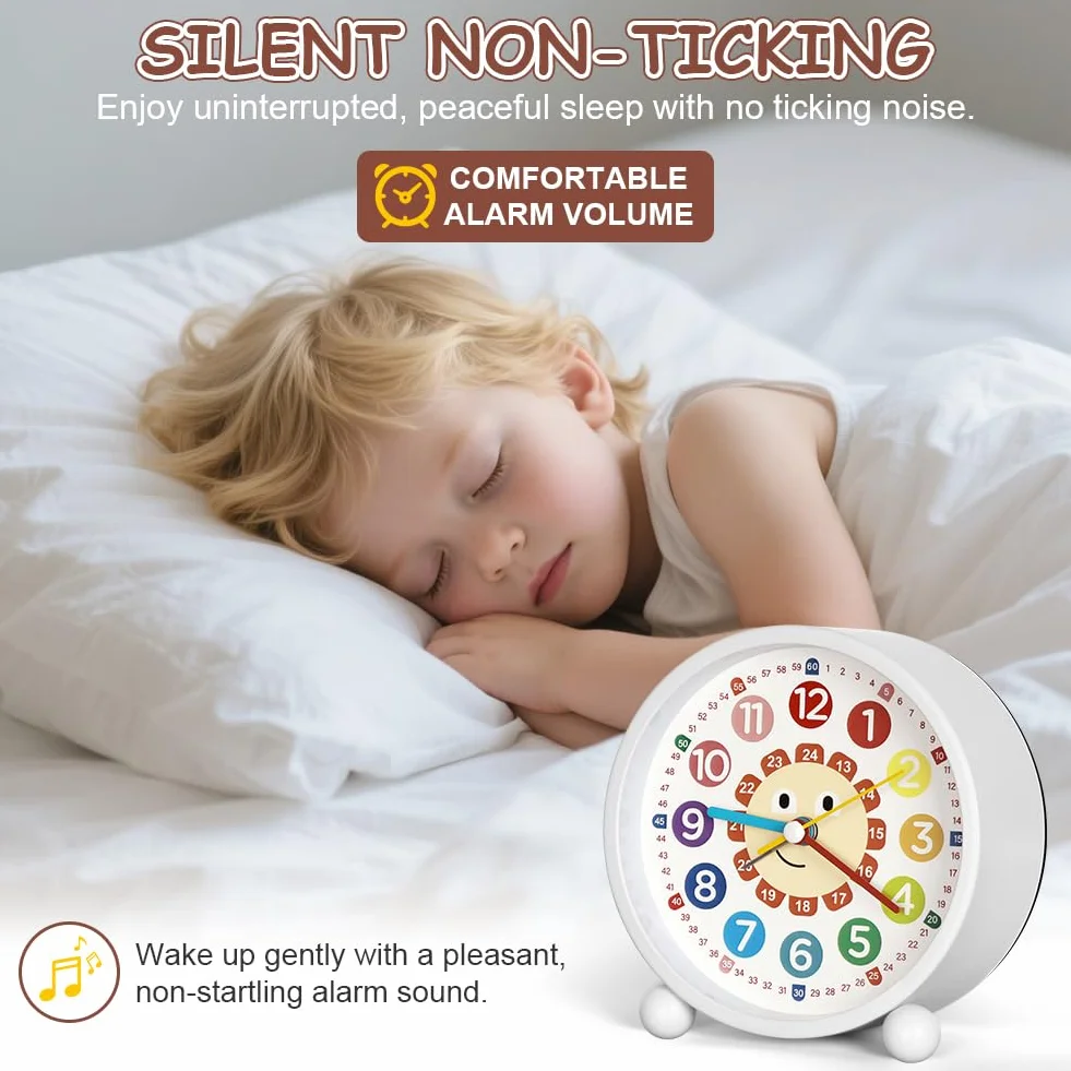 Réveil Enfant Silencieux sans Tic-Tac Analogique Horloge de Table avec Lumière de Nuit Piles Blanc