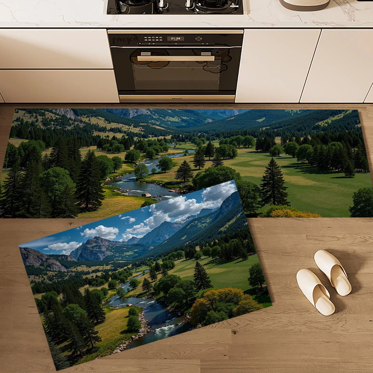 Tapis Cuisine Antiderapant Lavable Lot De 2 Parc Forestier Naturel, Tapis Anti-Fatigue Design Paysage Montagne Vert Foncé pour Couloir Salle À Manger Entrée