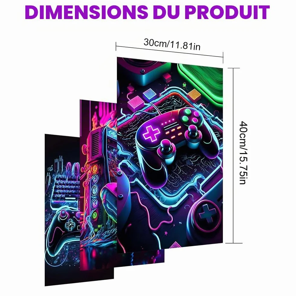 3 Estampes D'art Mural Affiche Manette de Jeu Vidéo Néon Poster Gaming 30x40 cm Sans Cadre