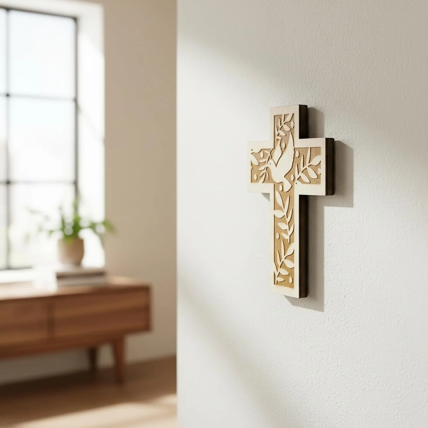 Croix murale en bois d'épicéa 18 cm avec colombe et rameaux d'olivier Kaltner