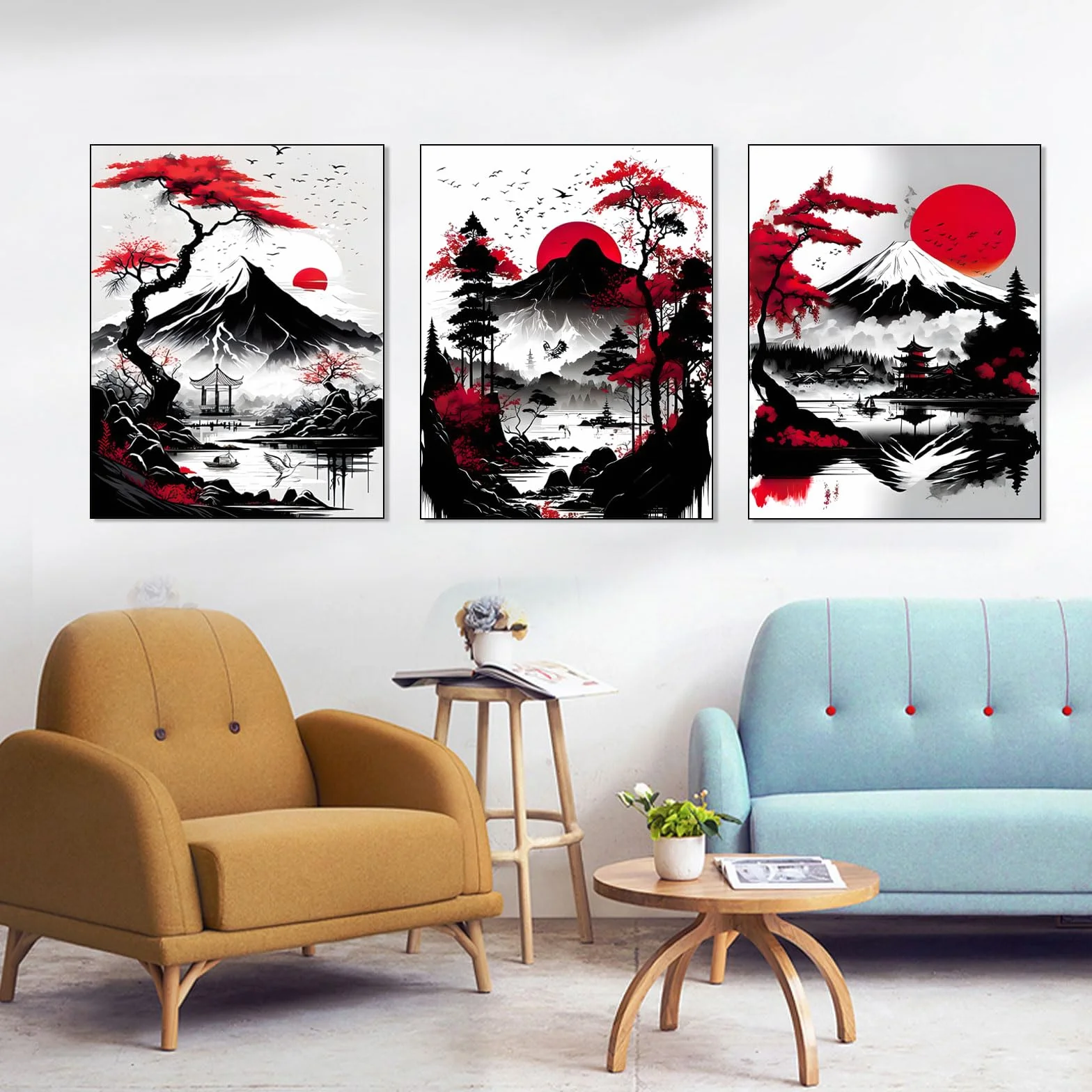 Poster de paysage japonais, temple japonais en automne noir et blanc, décoration murale sans cadre, 50 x 70 cm