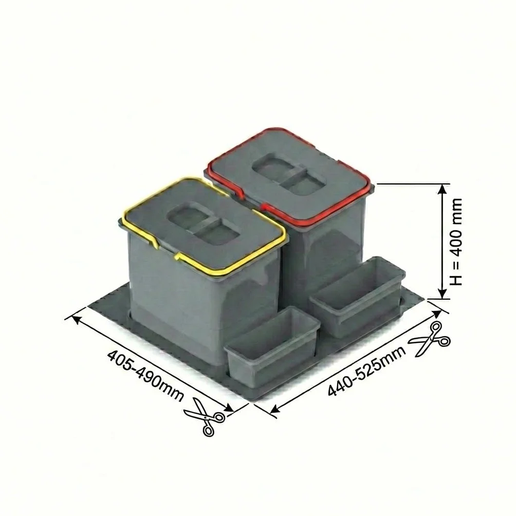 REJS Système de Tri Sélectif Cuisine 60 cm 2 Bacs 52,5x49x40 cm (2x 20L) Poubelle Encastrable Argenté