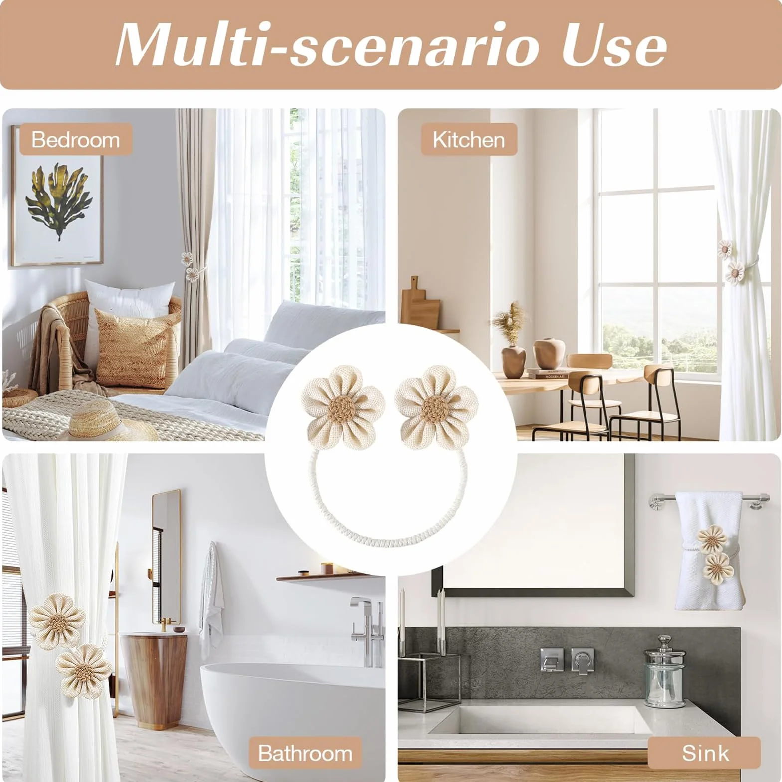 Embrasses de Rideaux Fabriqués à la Main Fleurs Bohème Beige No Drill pour Décoration Maison Bureau