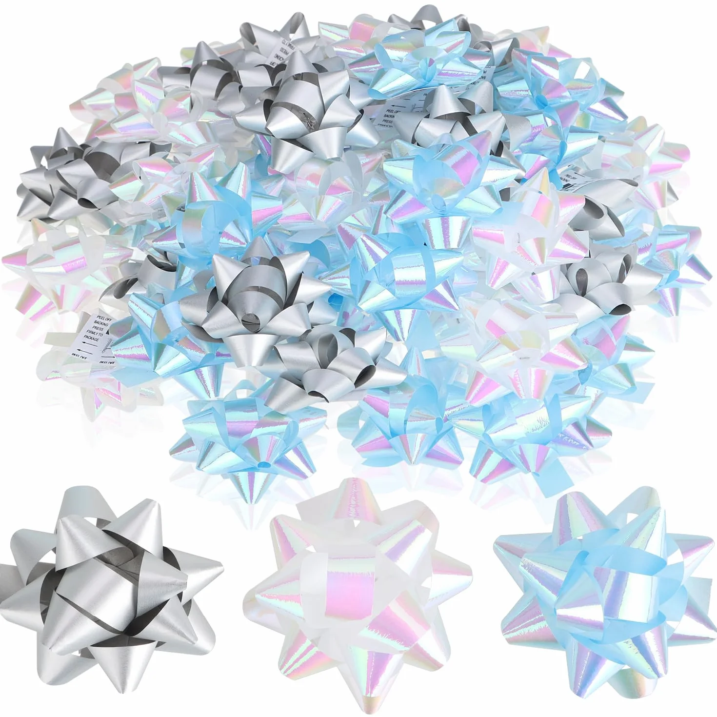 Noeuds Cadeaux Autocollants 60x 5x2 cm Bleu Blanc Gris Noël Anniversaire Mariage