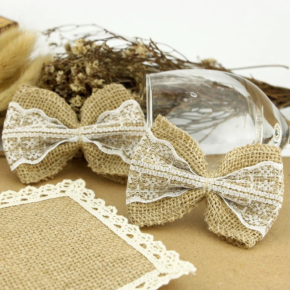 Nœuds décoratifs en toile de jute et dentelle Blanc 50pcs pour mariage Noël