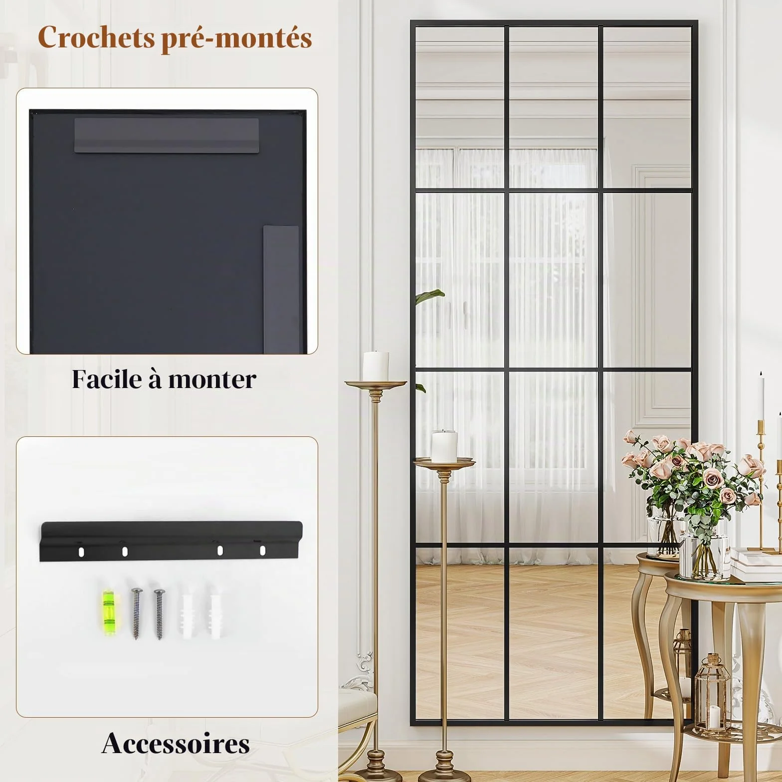 Koonmi Miroir Fenêtre 60 x 165 cm Rectangulaire Grille Décorative Corps Plein Cadre Métal Suspendu Entrée Salon Noir
