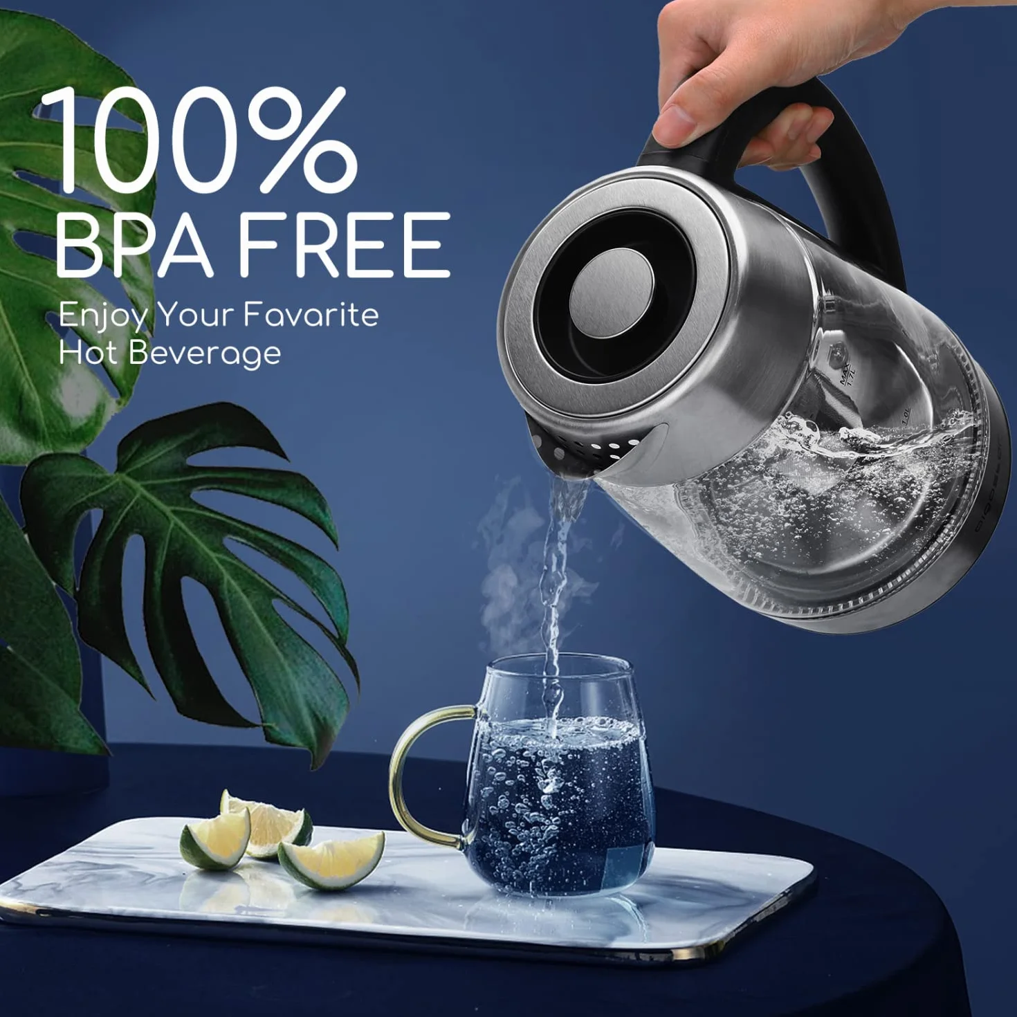 Aigostar Bouilloire en verre 2200W 1.7L Température Réglable 60-100°C Maintien au chaud Filtre à thé