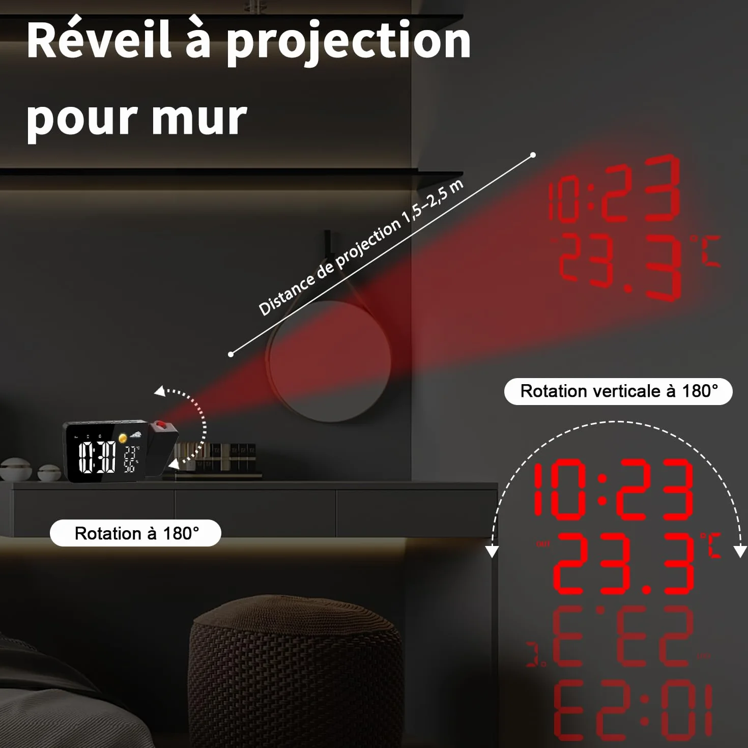 Uzoli EM3211A Réveil-projecteur Plafond LED avec Prévisions Météo 8h, Température et Humidité, 2 Alarmes, Snooze, Projection Rotative 180°, 10 Sonneries