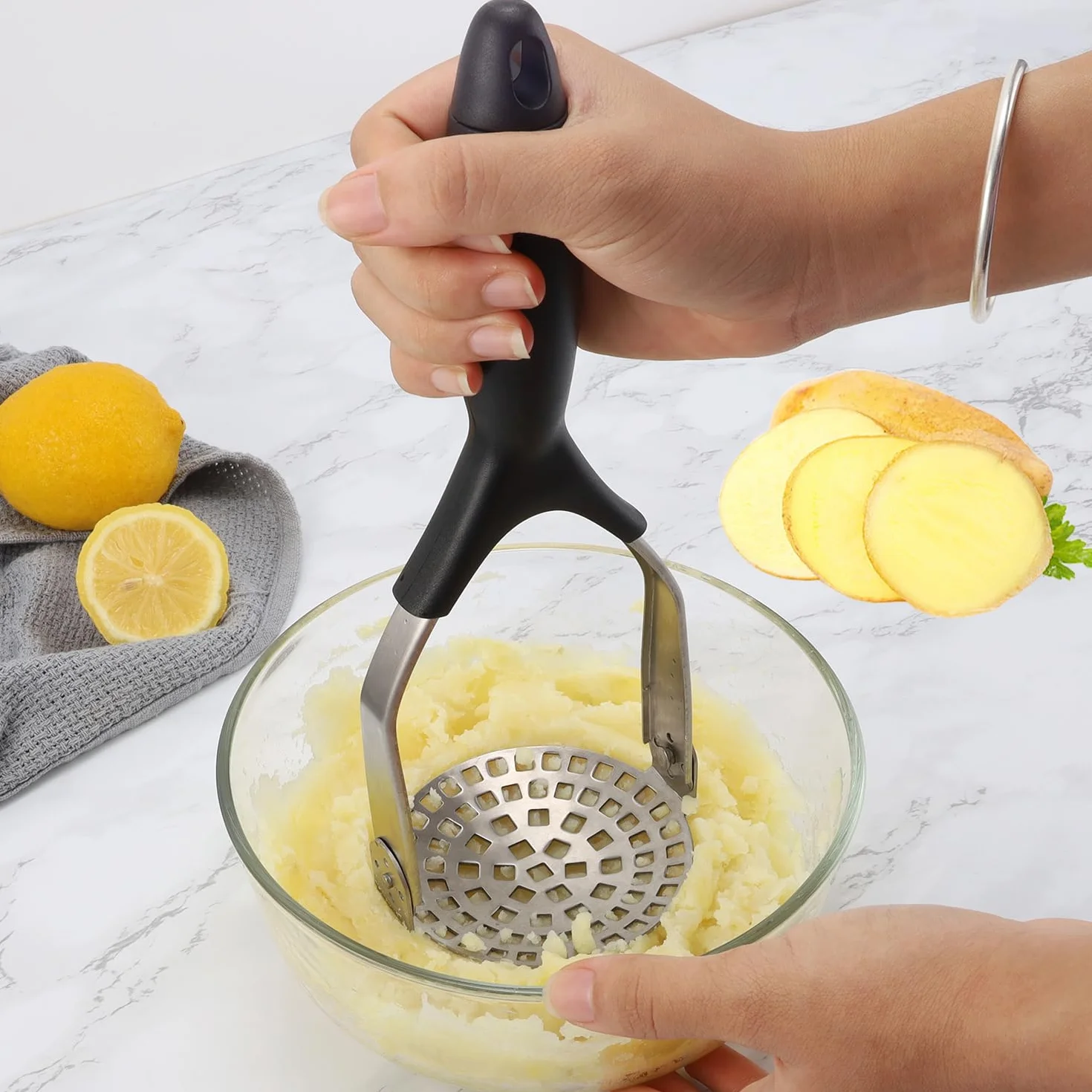 Presse-Purée Manuel en Acier Inoxydable avec Manche Antidérapant Pliable Broyeur de Pommes