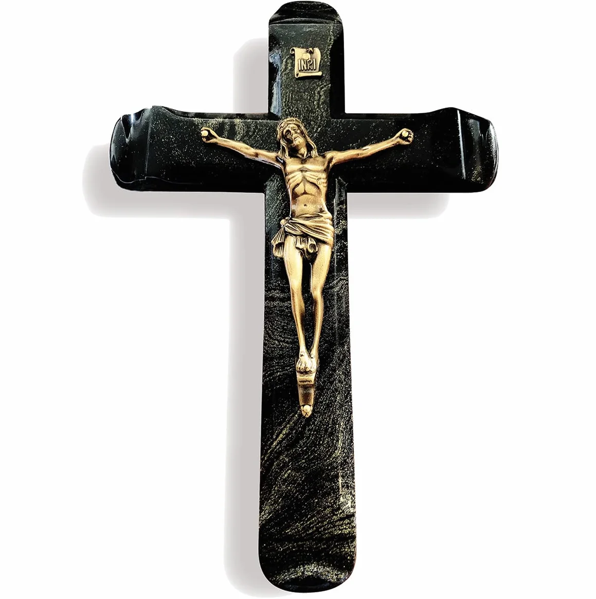 Croix Funéraire Pierre Noire Christ Bronze