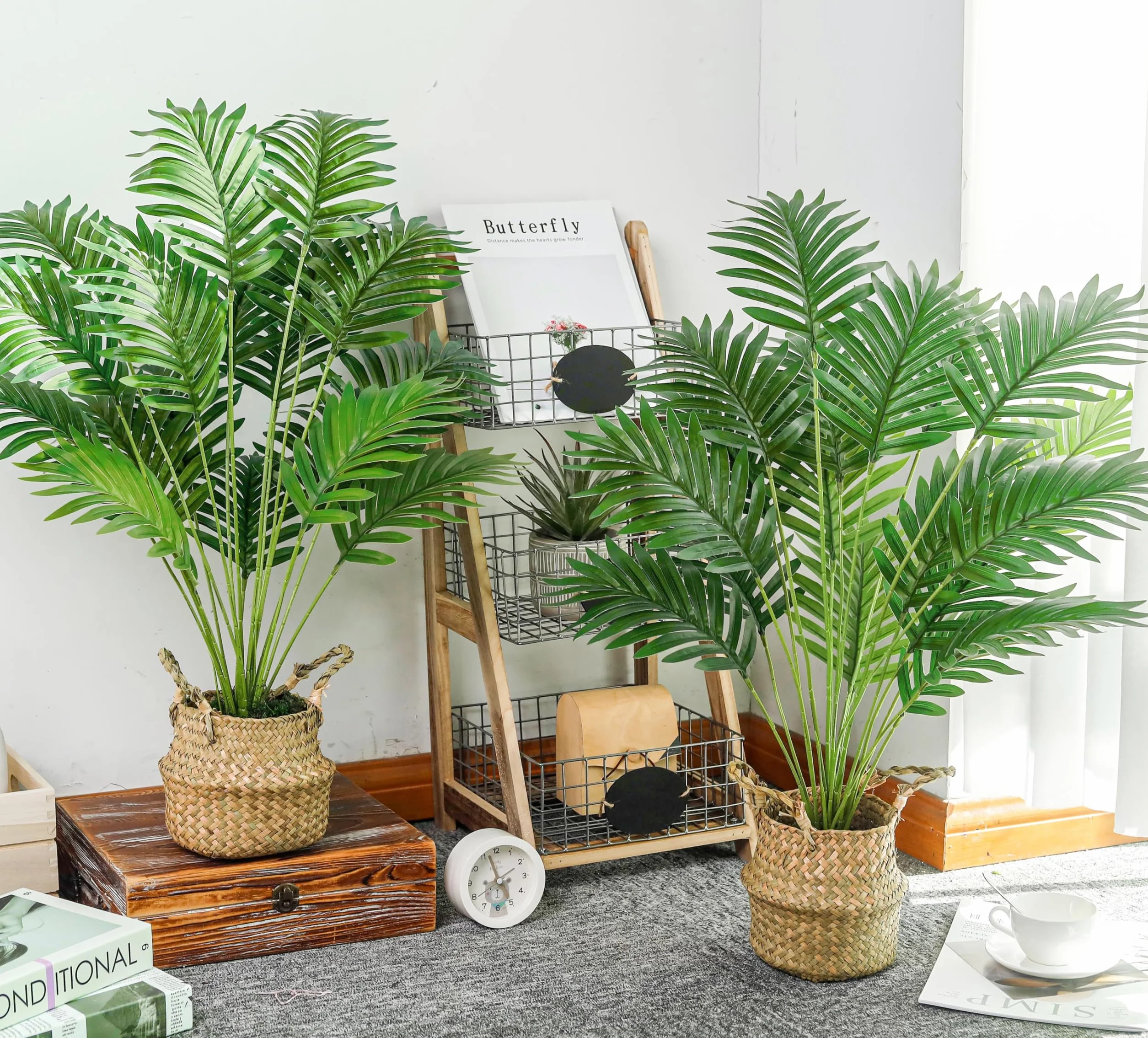 Der Rose 2 Pièces 71 cm Palmier Artificiel Grande Plante Fausse Areca en Pot avec Paniers Tressés