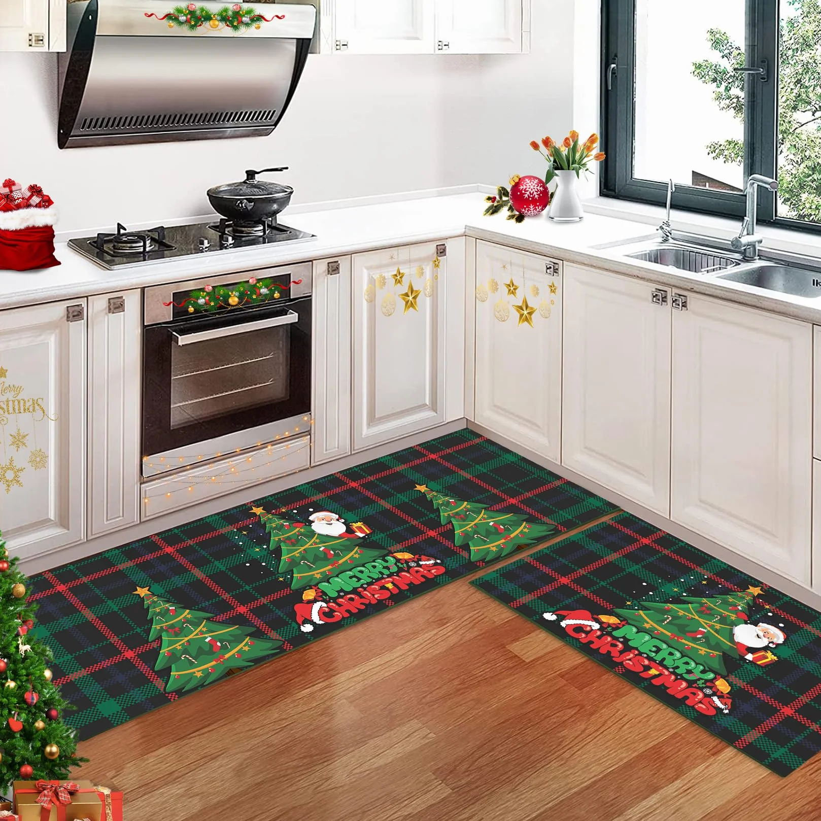 CAROMIO Lot de 2 tapis de cuisine antidérapants Motif arbres de Noël 40 x 60 + 40 x 120 cm Vert