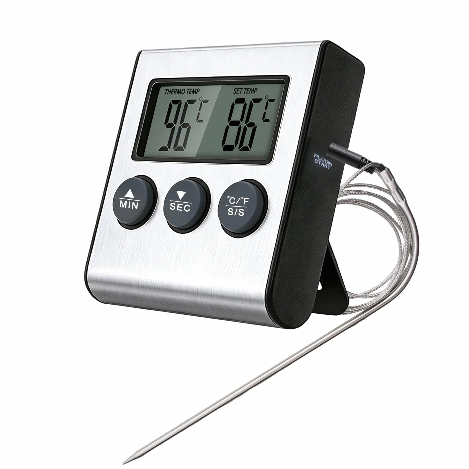 Thermomètre de Cuisson Numérique avec Grand Écran LCD, Sonde en Acier Inoxydable, Minuterie pour Four, Gril et Barbecue