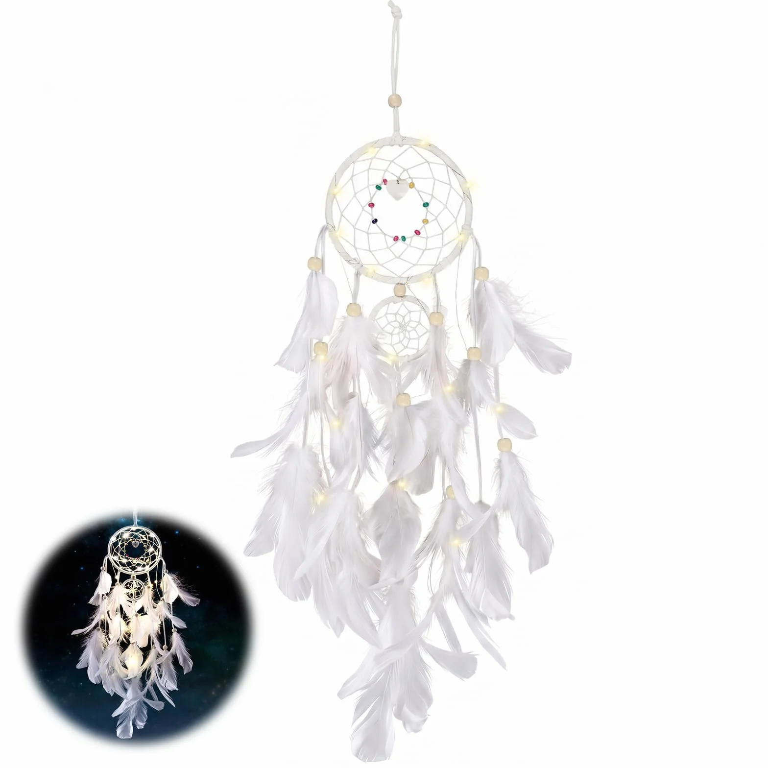 Capteur De Rêves en Plumes Lumineux Attrape Rêve Rétro Décoratif Avec Lumières LED Pour Chambre