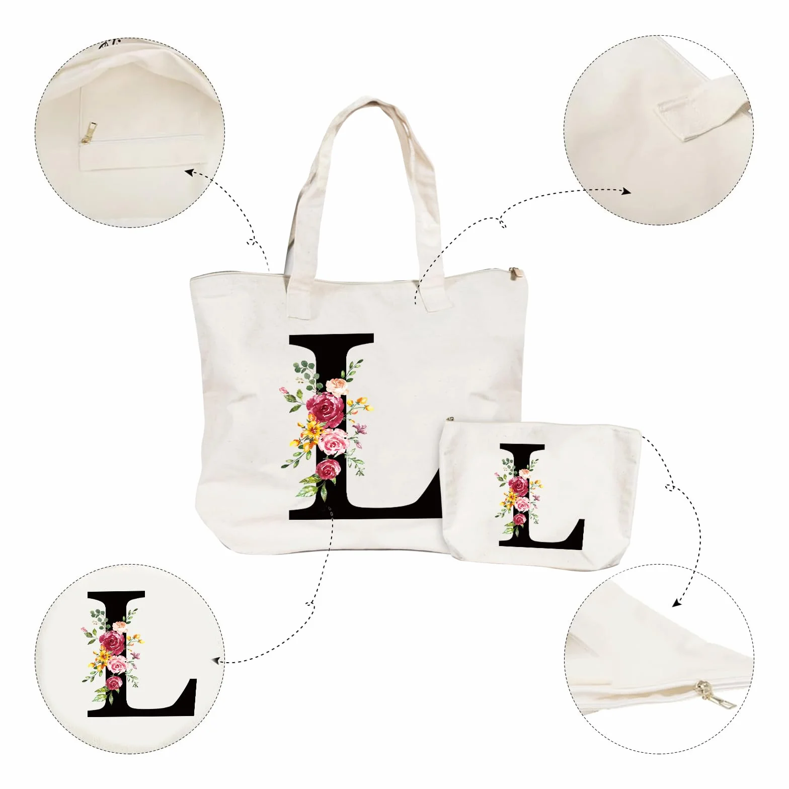 Sac Fourre-Tout en Toile Tote Bag Personnalisé avec Initiale Fleur pour Femme