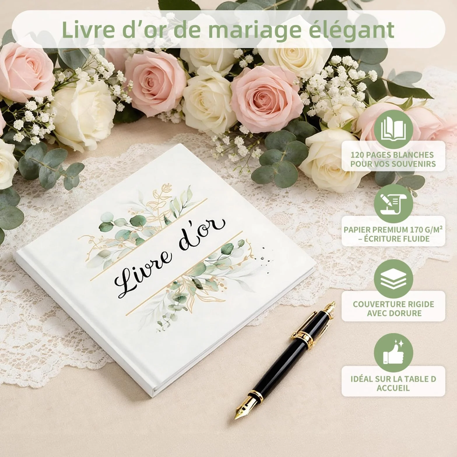 Livre d'or élégant à couverture rigide, 120 pages pour mariage, anniversaire, baptême