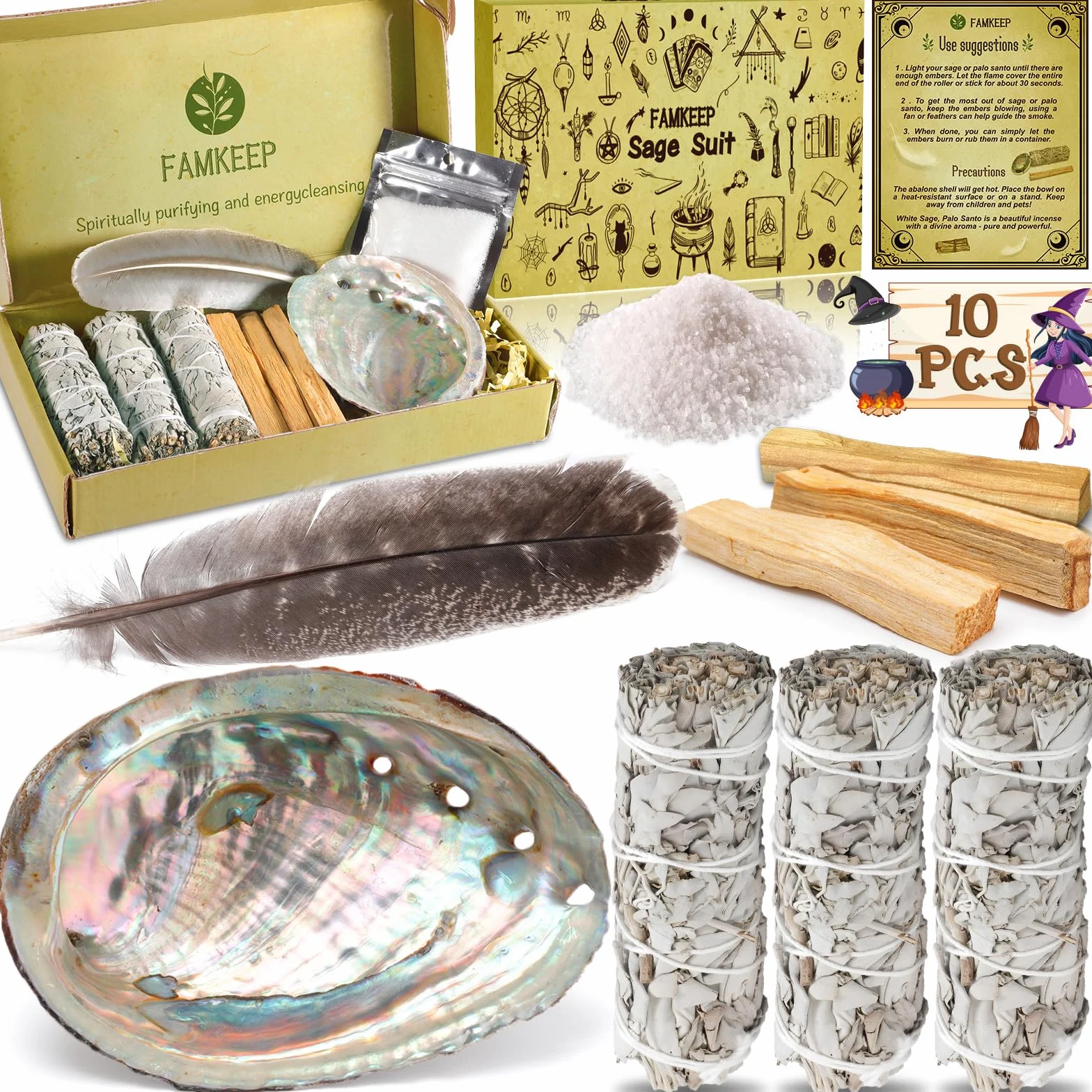 FAMKEEP White Sage Palo Santo Coquillage d'ormeau Encens Naturel Nettoyage énergétique Anti Stress méditation