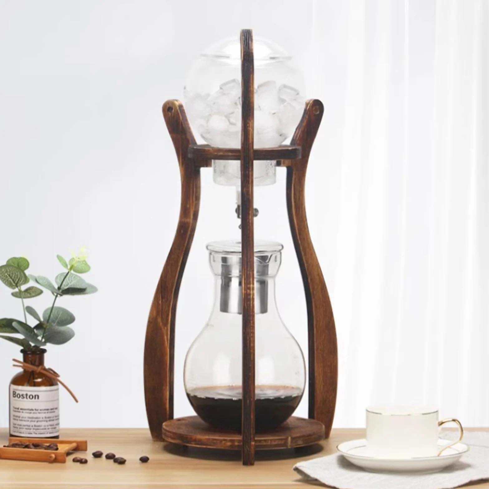 Cold Brew Coffee Maker, Iced Drip Coffee Machine with Adjustable Dripper, Wood Frame, Stainless Steel Filter, 6-8 Cups