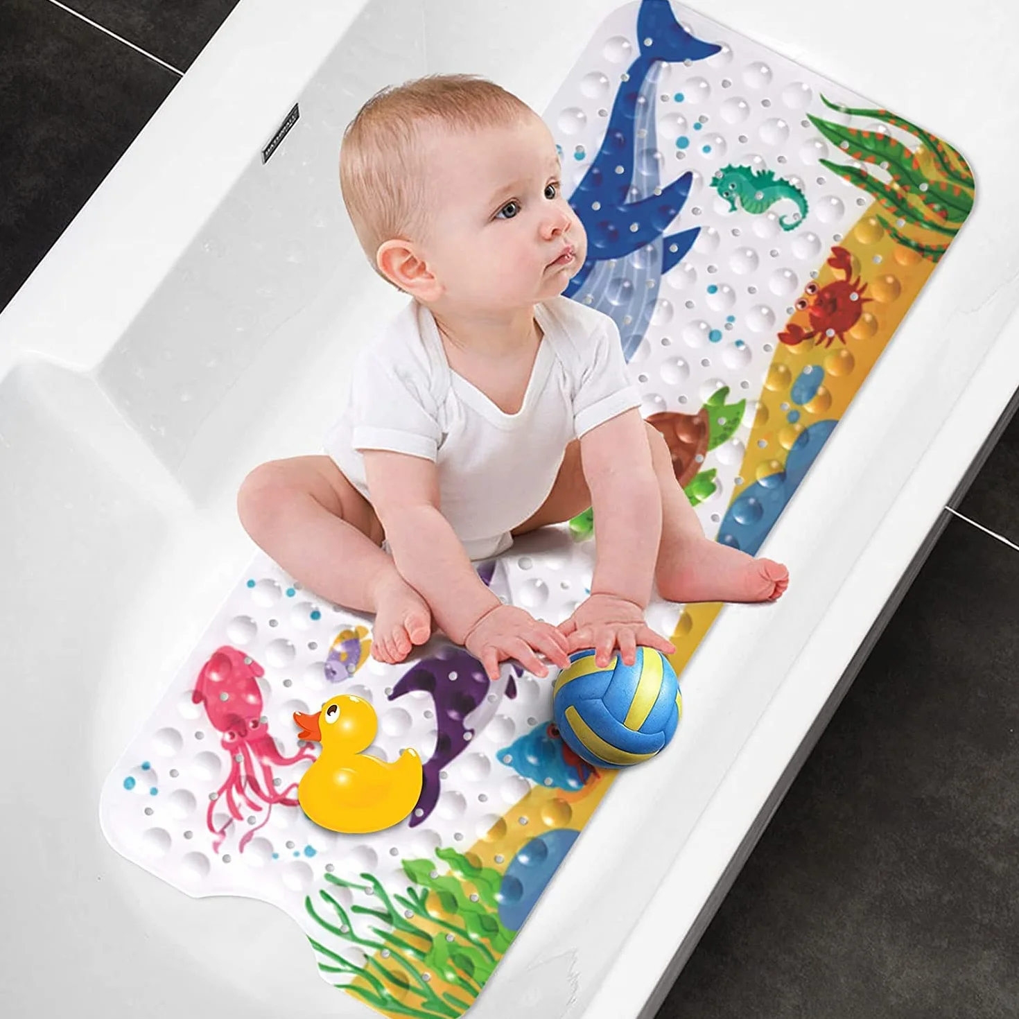 Tapis de Baignoire Antidérapant 100 x 40 cm avec Ventouse PVC Dessin Animé Animaux Marins Enfants